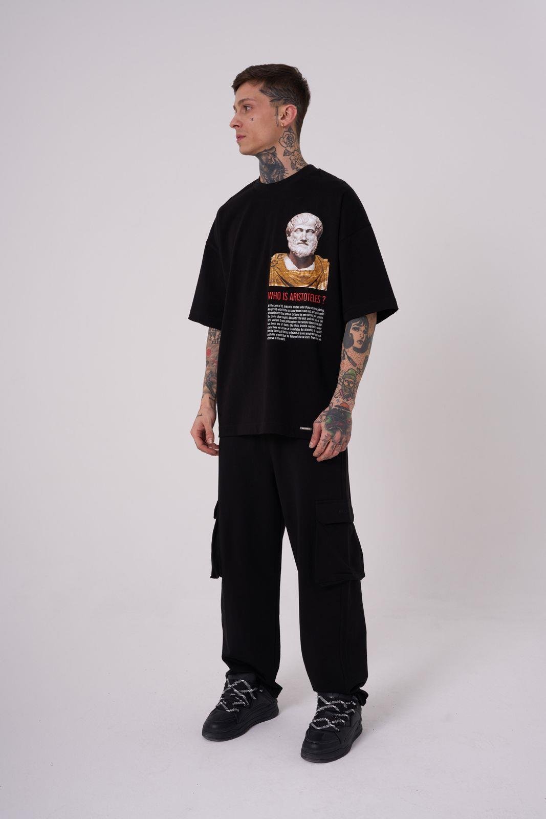 Erkek Premium Aristotales High Baskılı Oversize Tişört Siyah