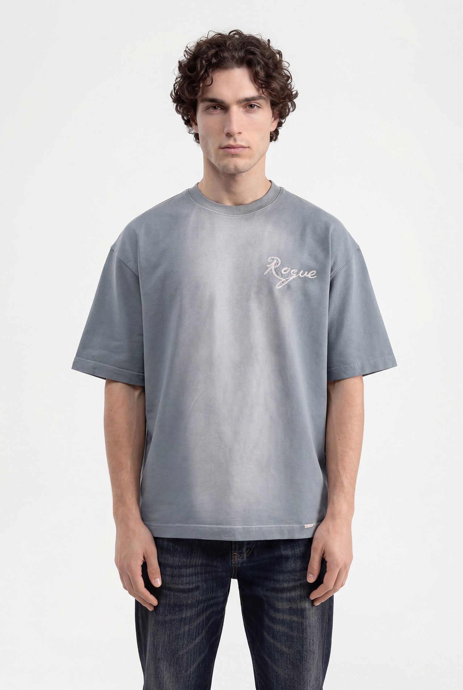 Erkek Printed and Embroidered Tişört Gri