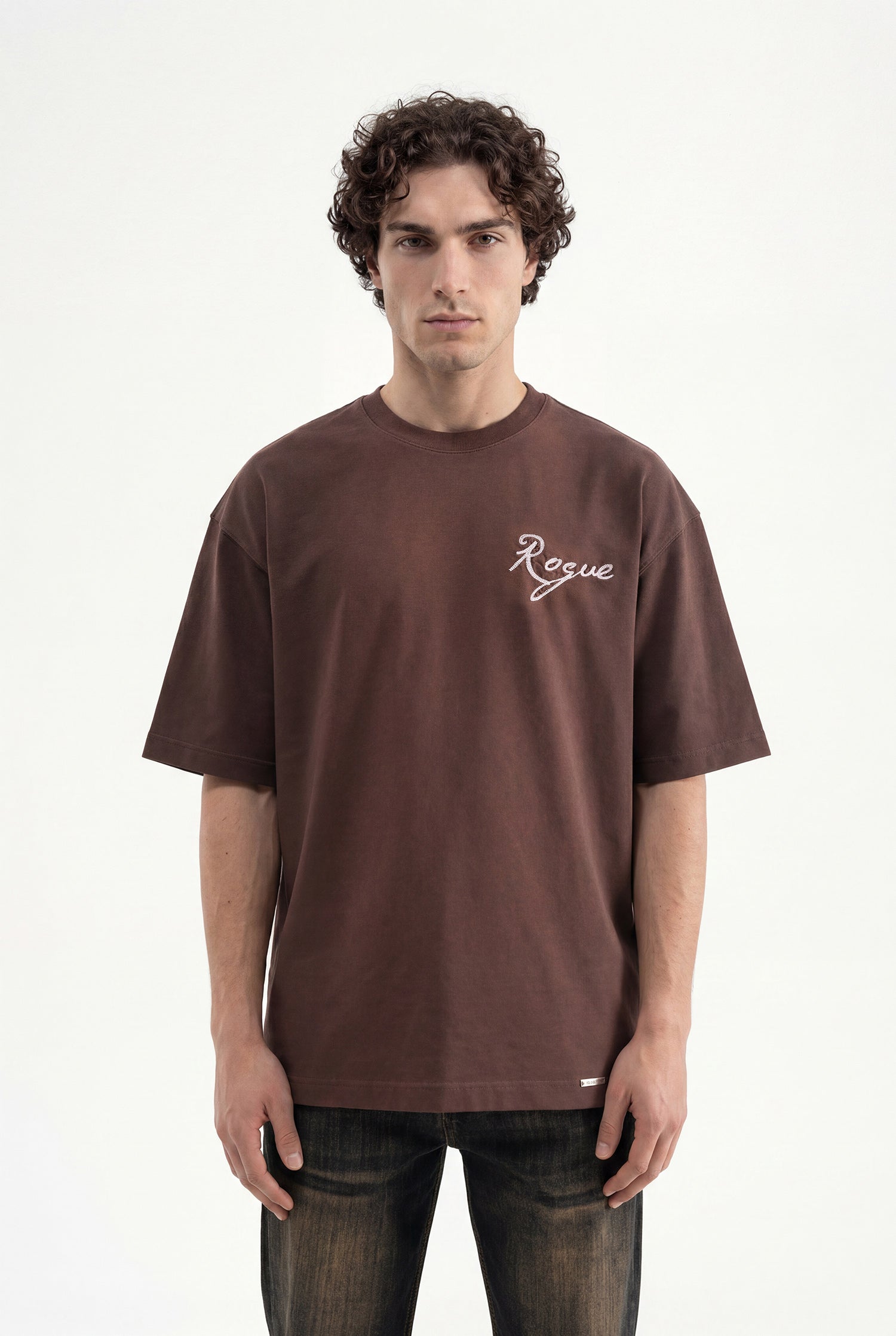 Erkek Printed and Embroidered Tişört Koyu Kahverengi