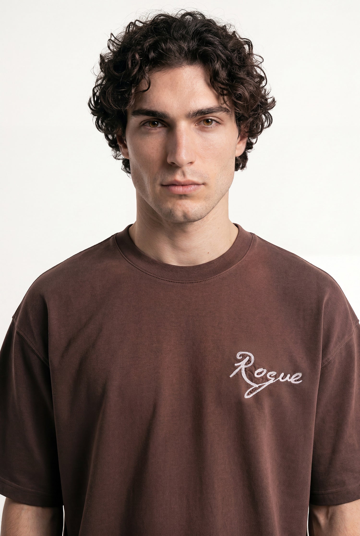 Erkek Printed and Embroidered Tişört Koyu Kahverengi-3