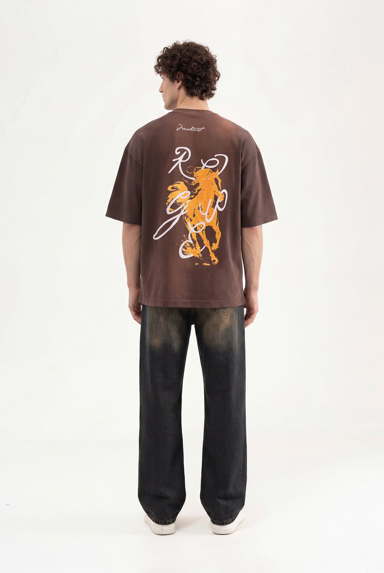 Erkek Printed and Embroidered Tişört Koyu Kahverengi-5