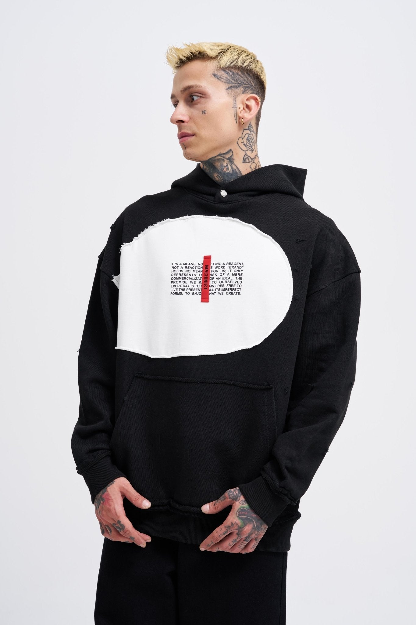 Erkek Printed and Patched Kapüşonlu Sweatshirt Siyah