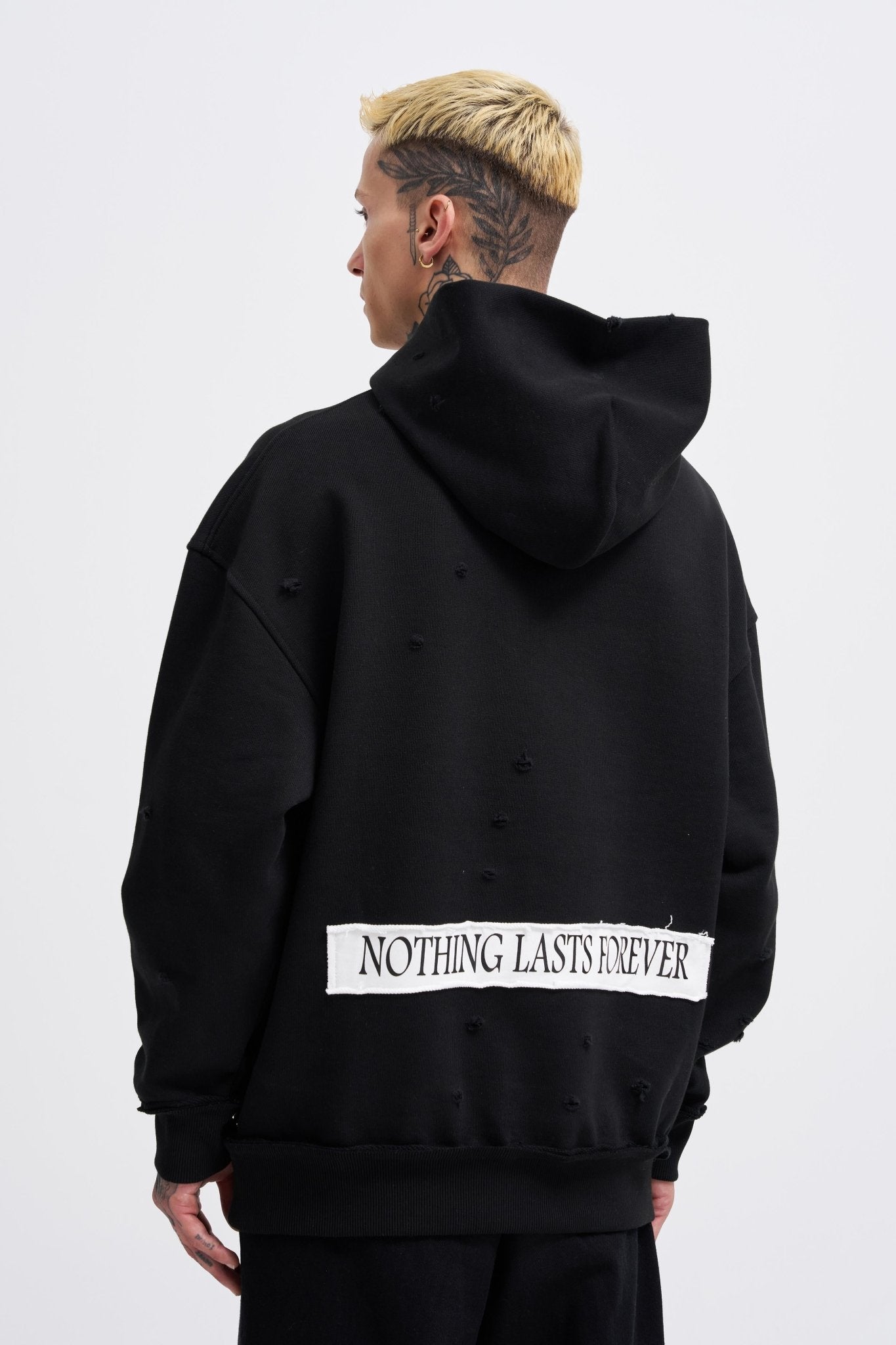 Erkek Printed and Patched Kapüşonlu Sweatshirt Siyah
