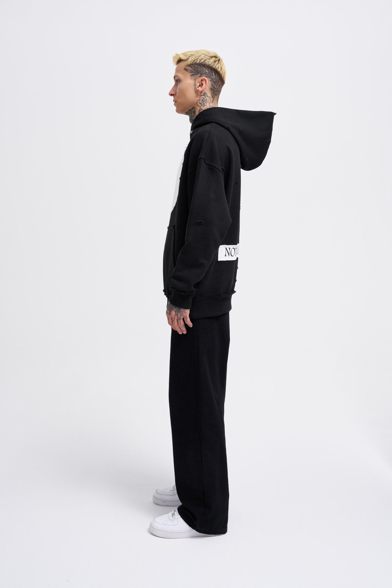 Erkek Printed and Patched Kapüşonlu Sweatshirt Siyah