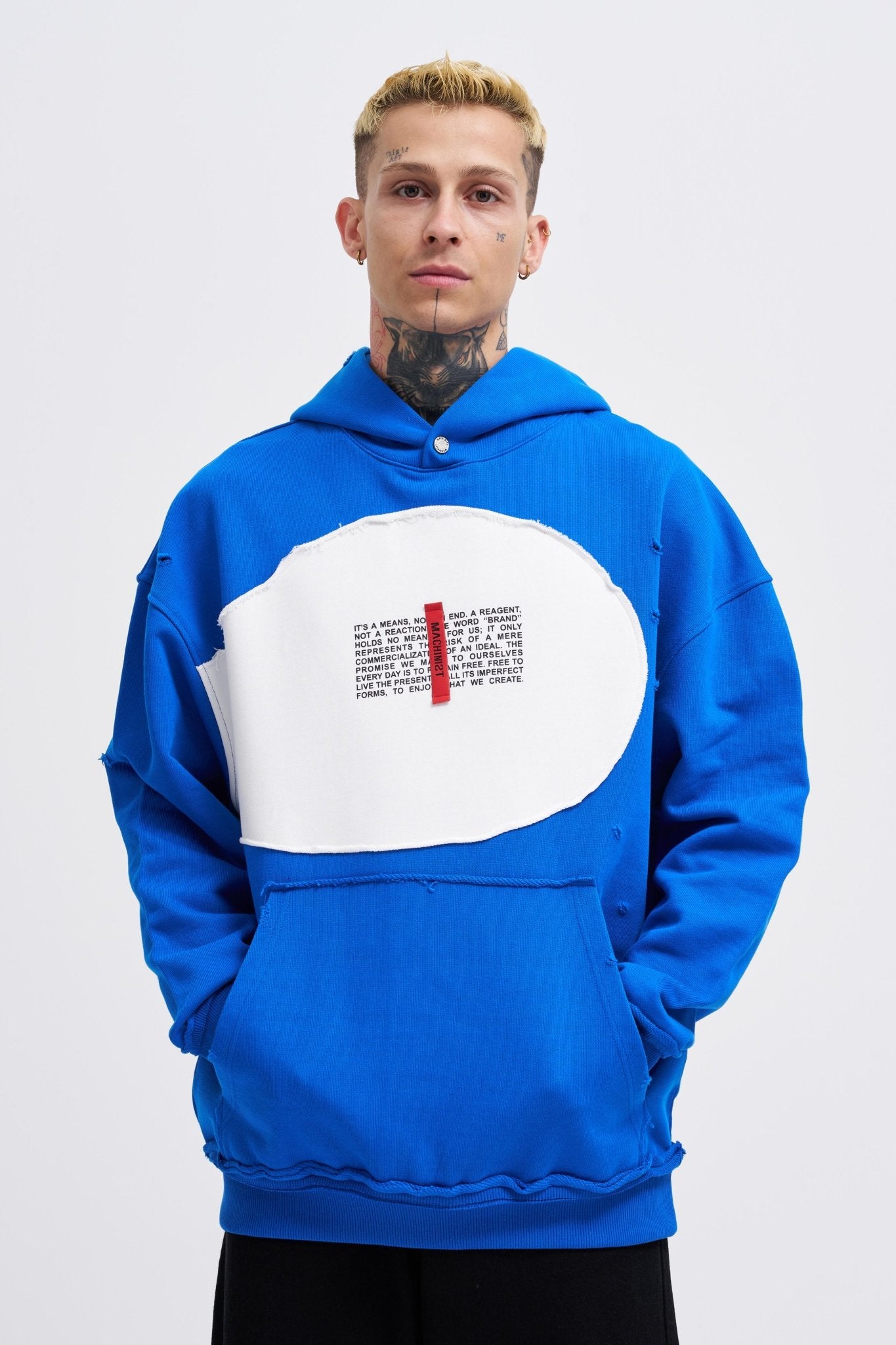 Erkek Printed and Patched Kapüşonlu Sweatshirt Açık Mavi