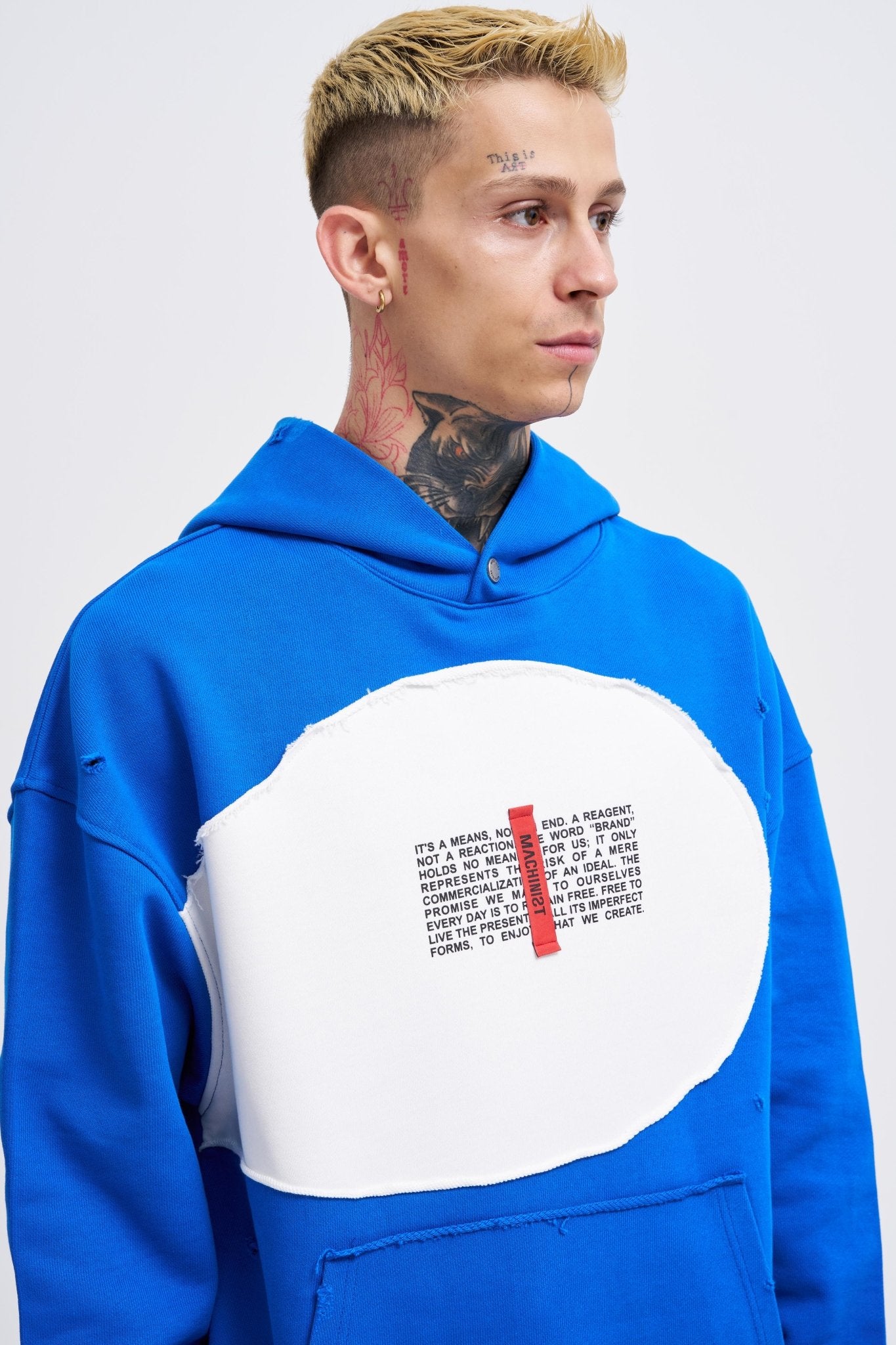 Erkek Printed and Patched Kapüşonlu Sweatshirt Açık Mavi