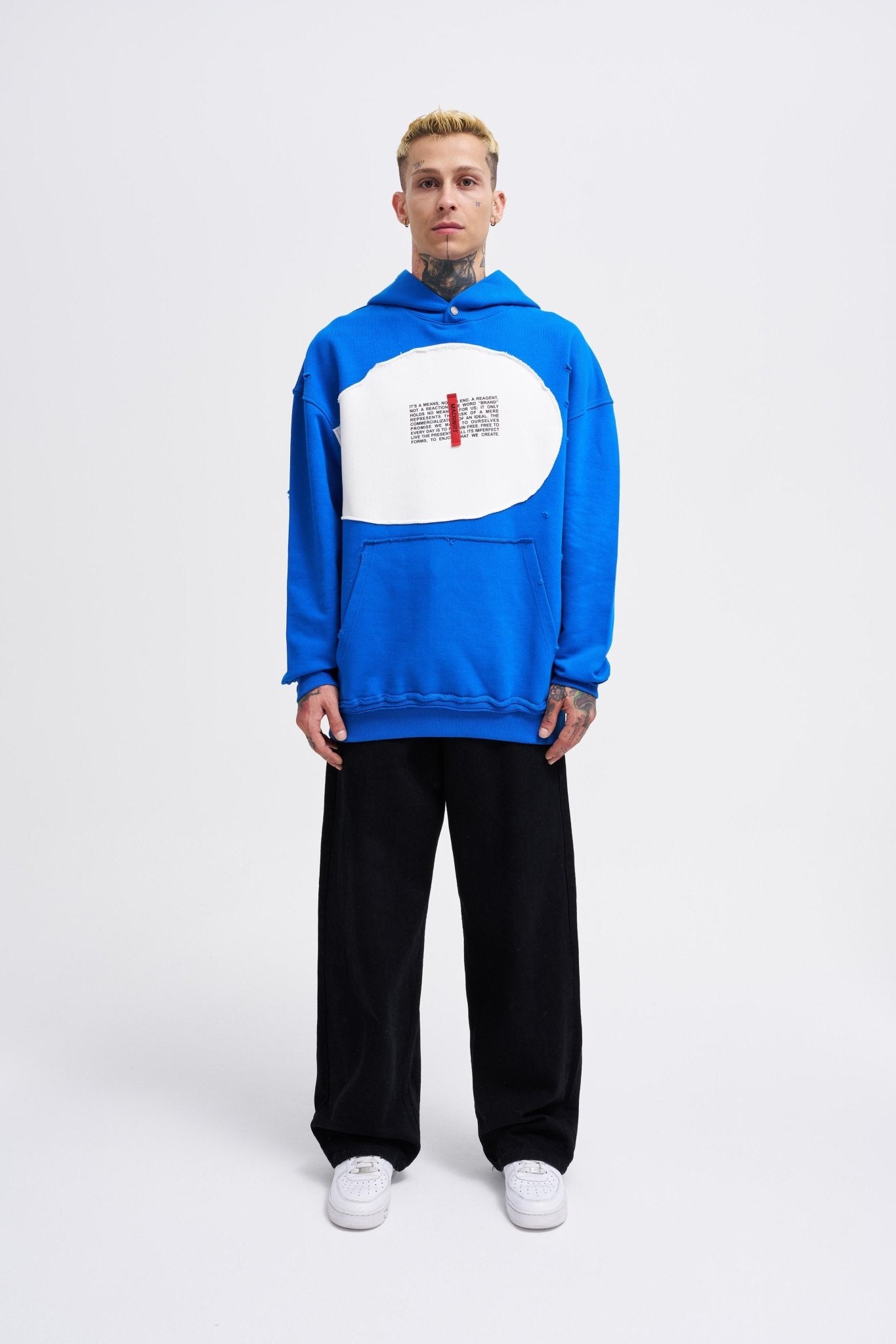 Erkek Printed and Patched Kapüşonlu Sweatshirt Açık Mavi
