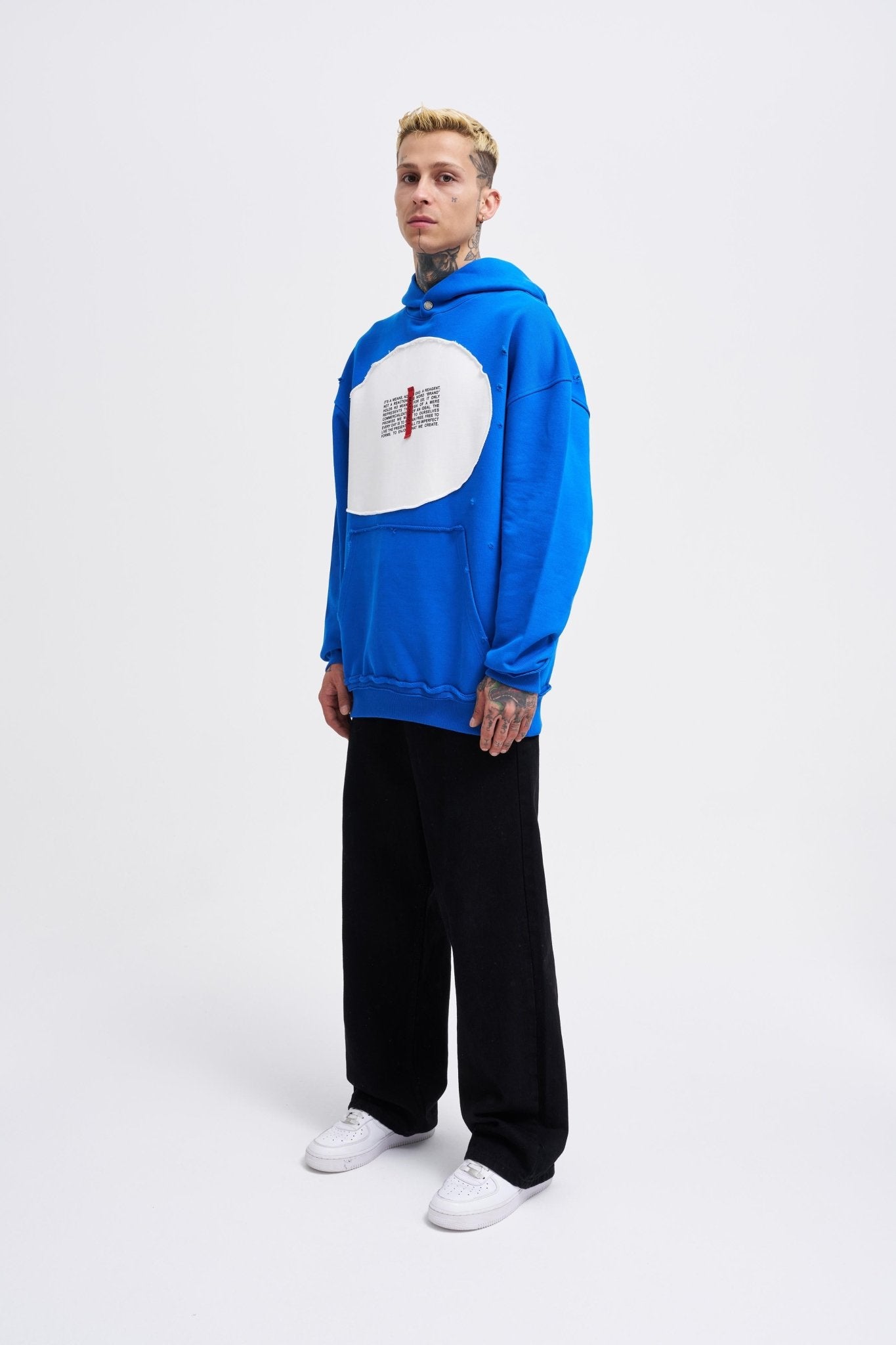 Erkek Printed and Patched Kapüşonlu Sweatshirt Açık Mavi