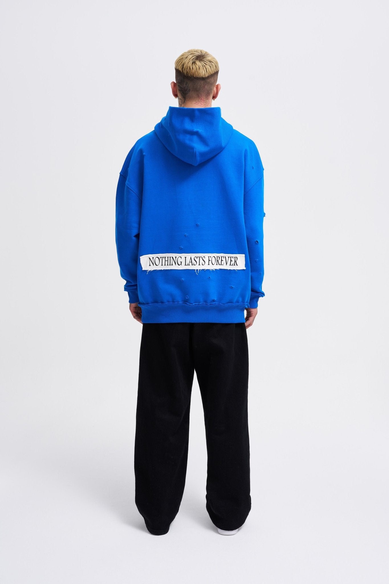 Erkek Printed and Patched Kapüşonlu Sweatshirt Açık Mavi