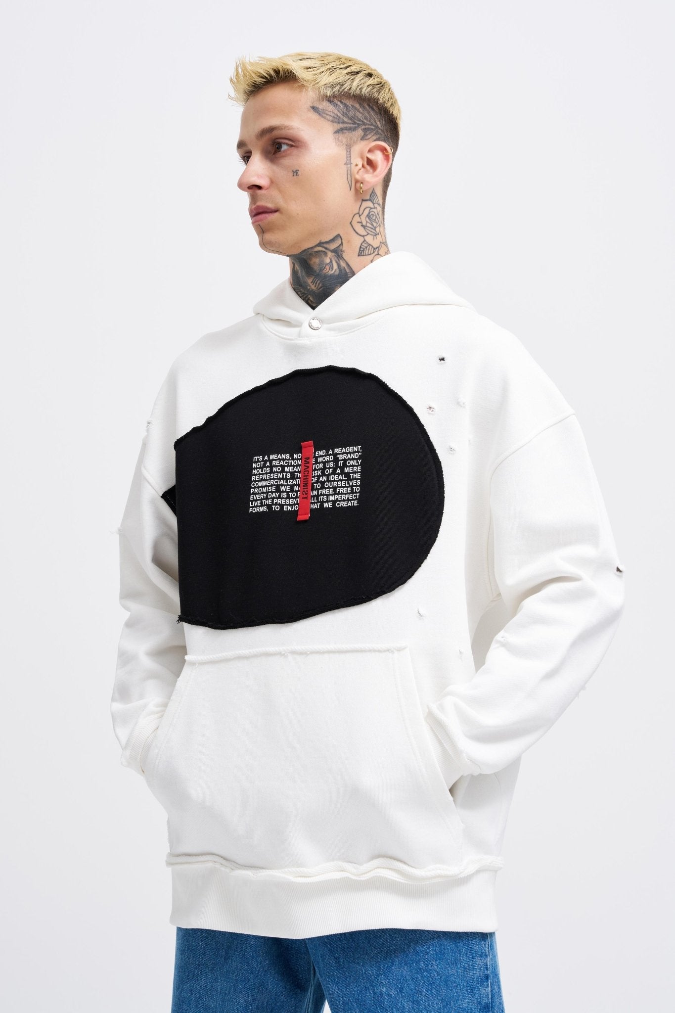 Erkek Printed and Patched Kapüşonlu Sweatshirt Ekru