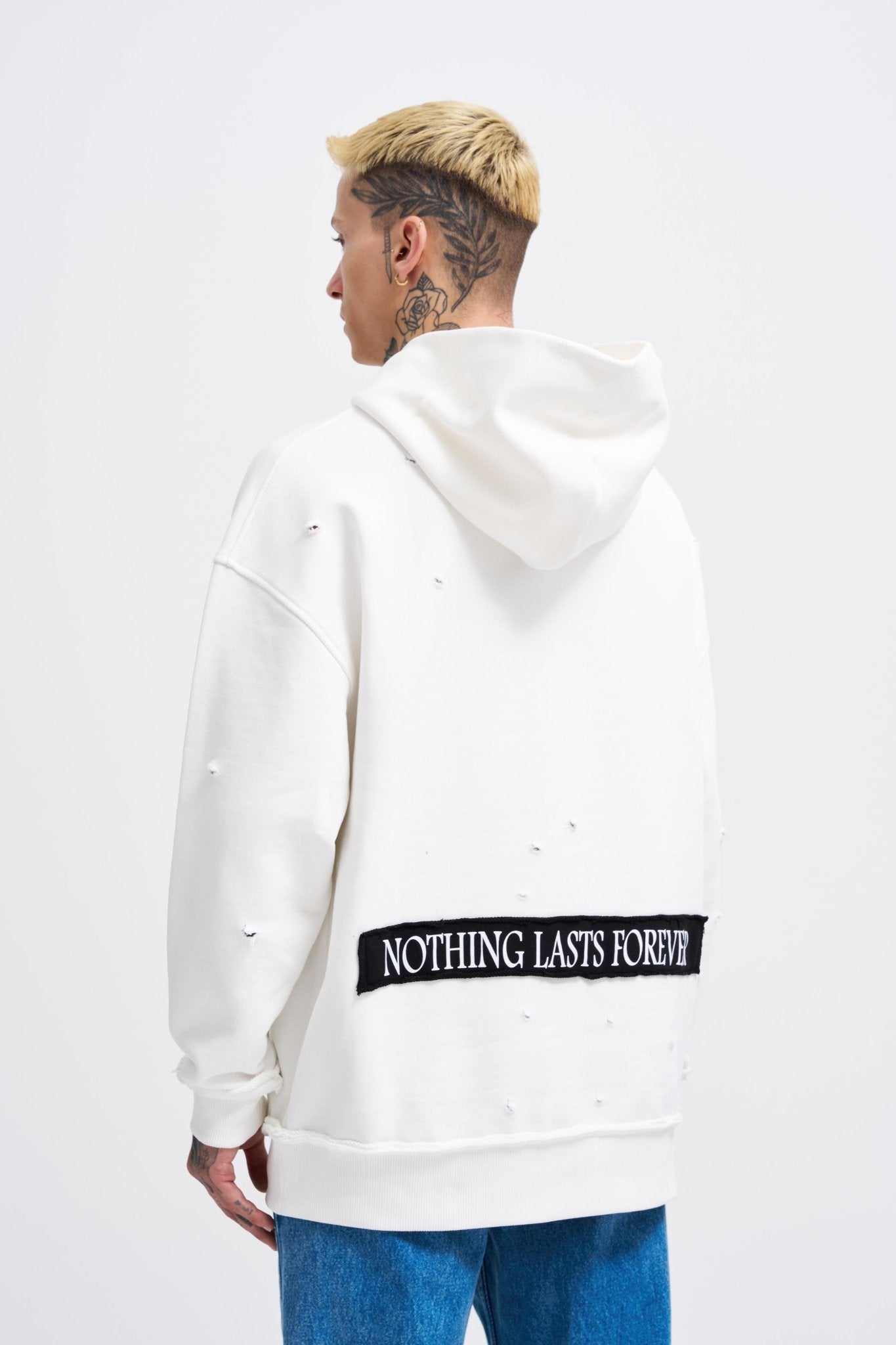 Erkek Printed and Patched Kapüşonlu Sweatshirt Ekru