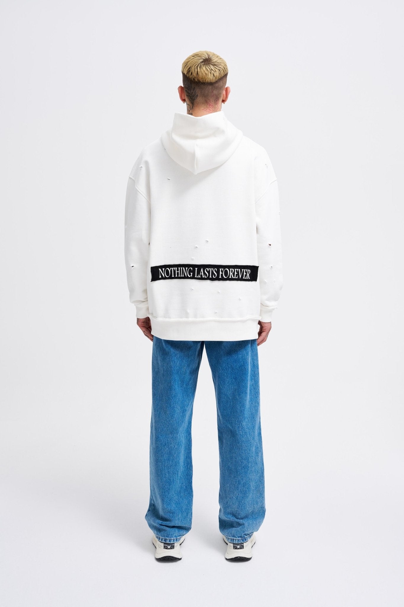 Erkek Printed and Patched Kapüşonlu Sweatshirt Ekru