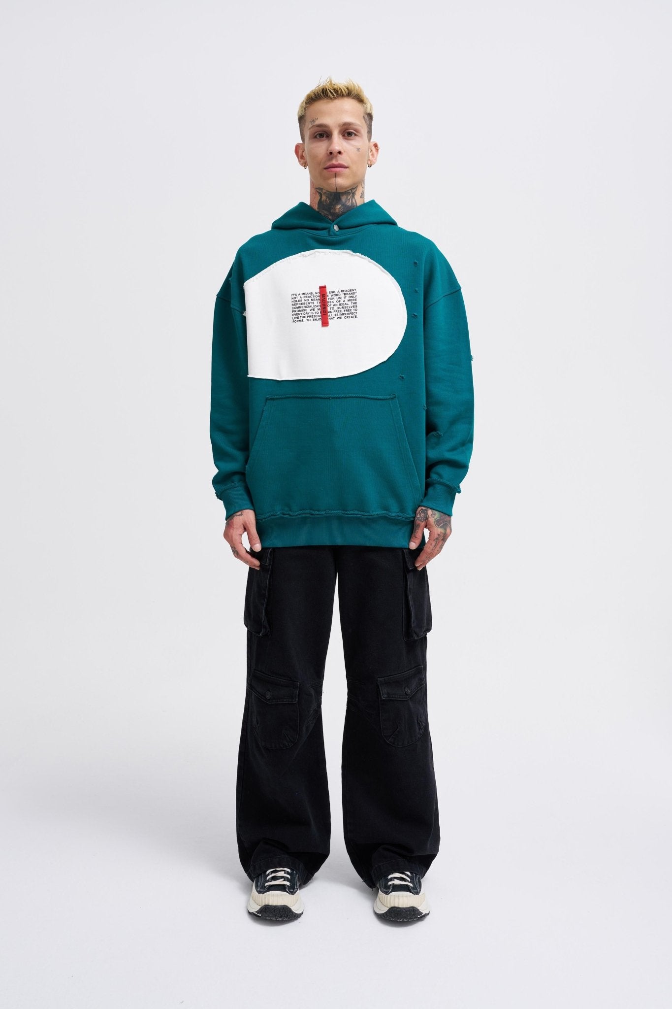 Erkek Printed and Patched Kapüşonlu Sweatshirt Yağ Yeşili