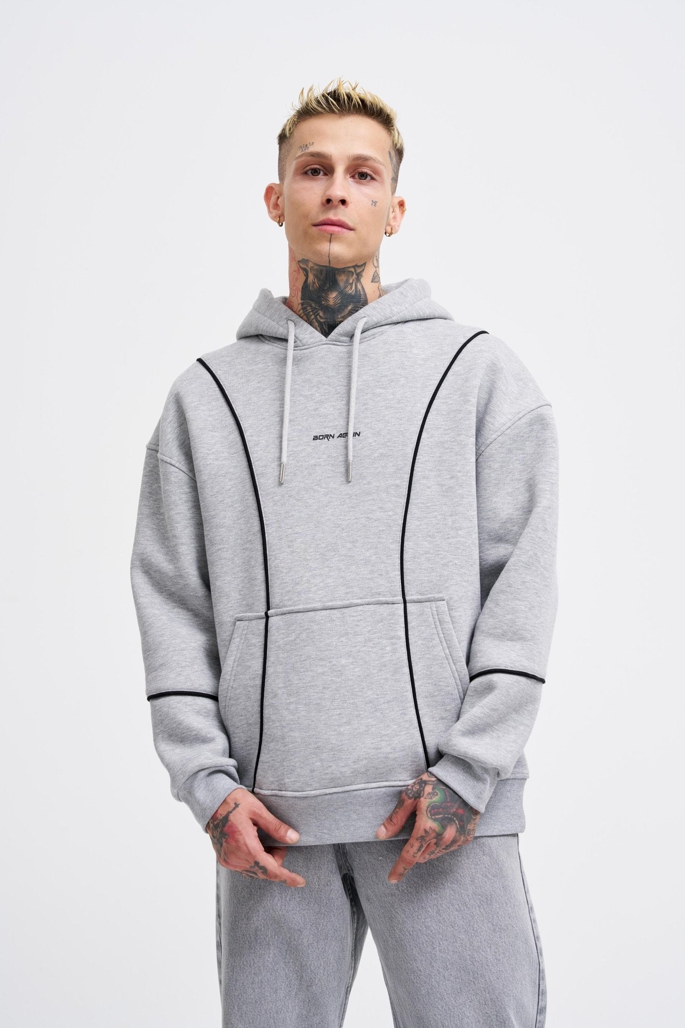 Erkek Printed and Piped Hoodie Gri Melanj