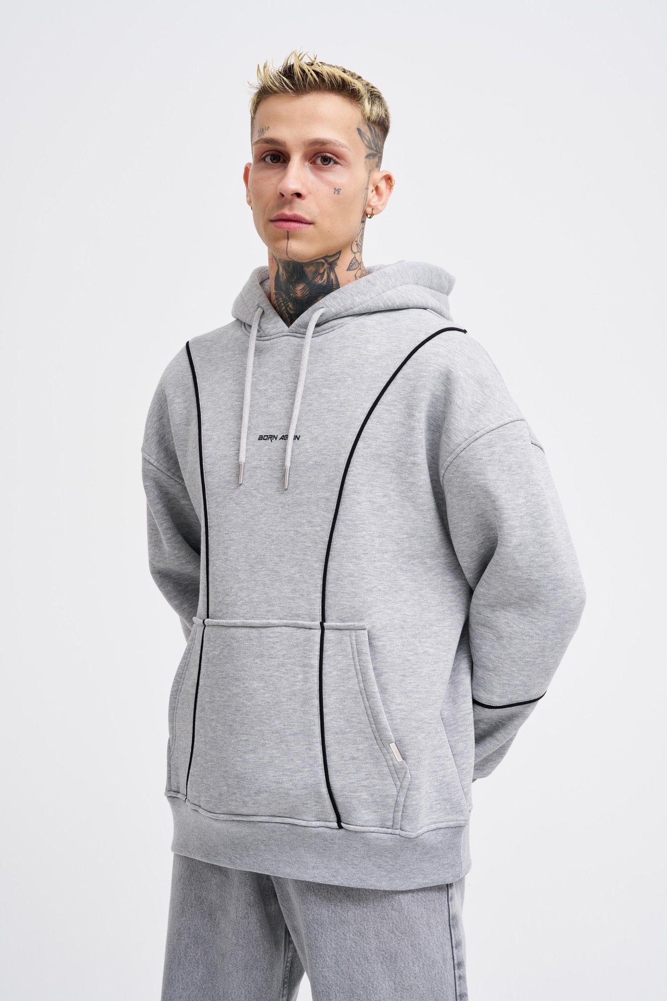 Erkek Printed and Piped Hoodie Gri Melanj