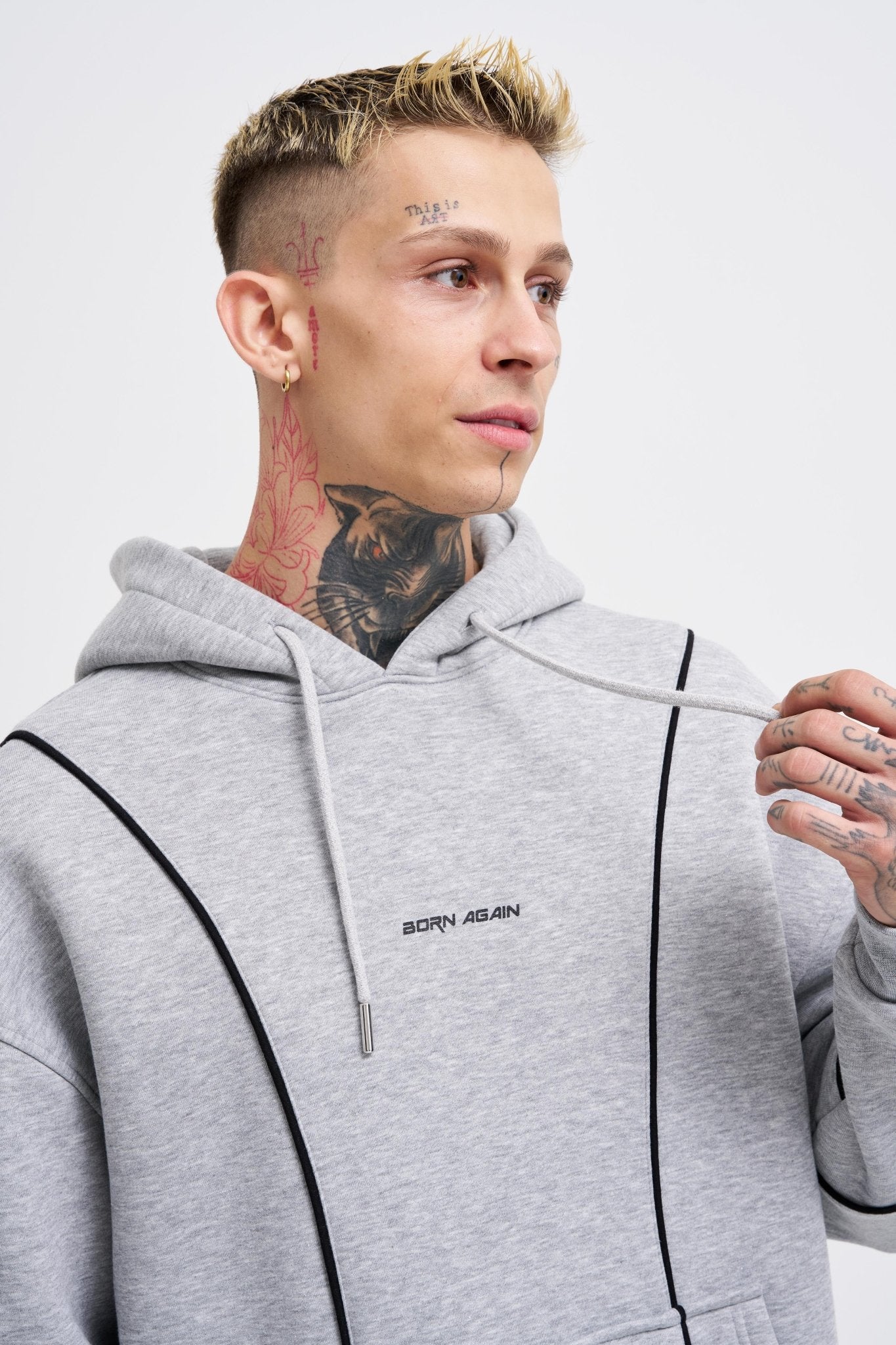 Erkek Printed and Piped Hoodie Gri Melanj