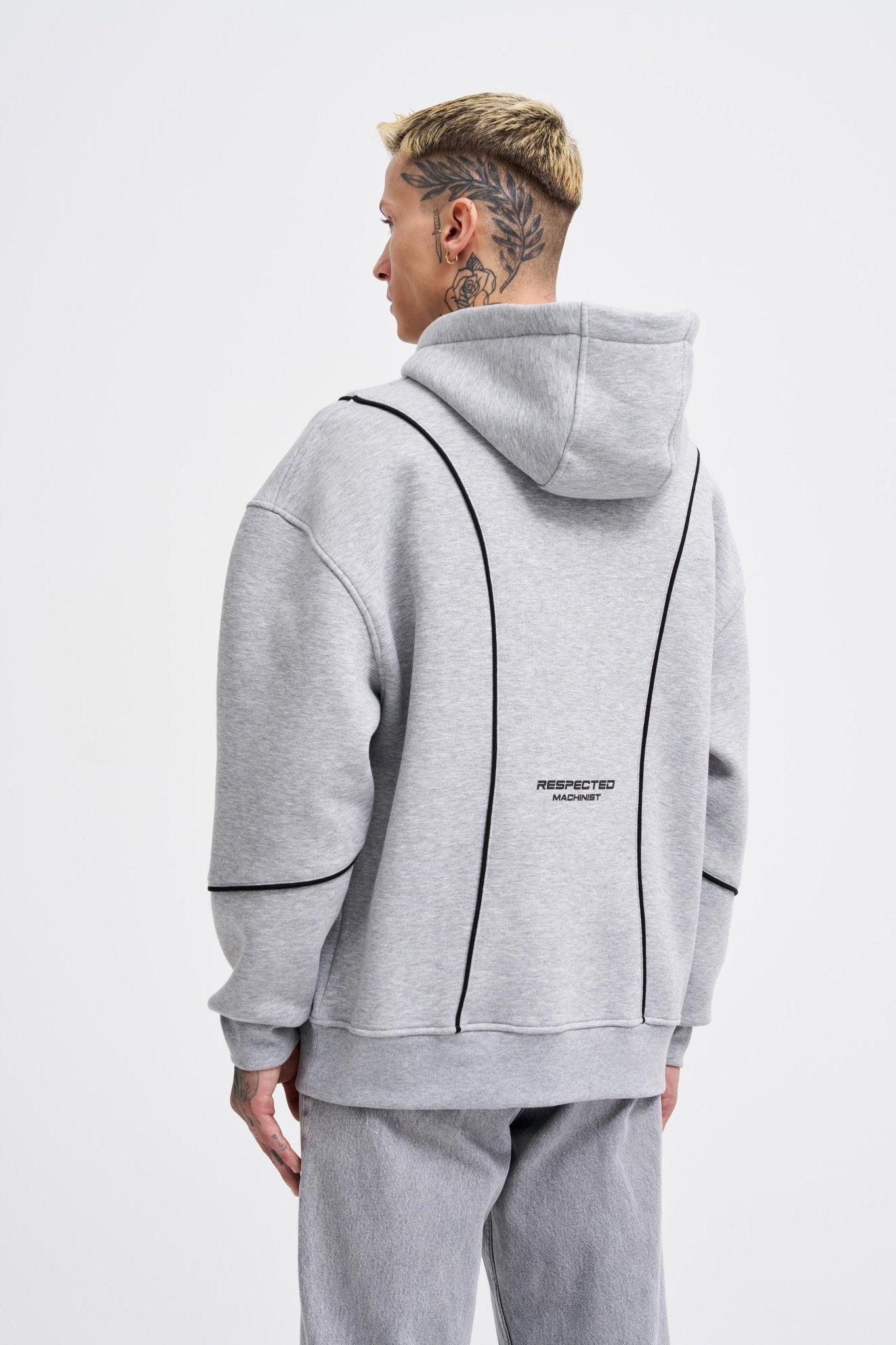 Erkek Printed and Piped Hoodie Gri Melanj