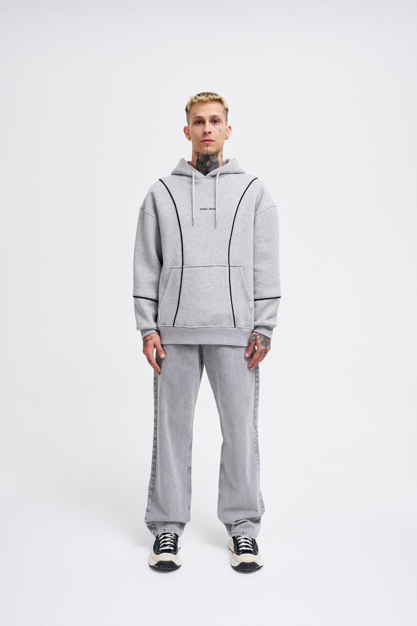 Erkek Printed and Piped Hoodie Gri Melanj