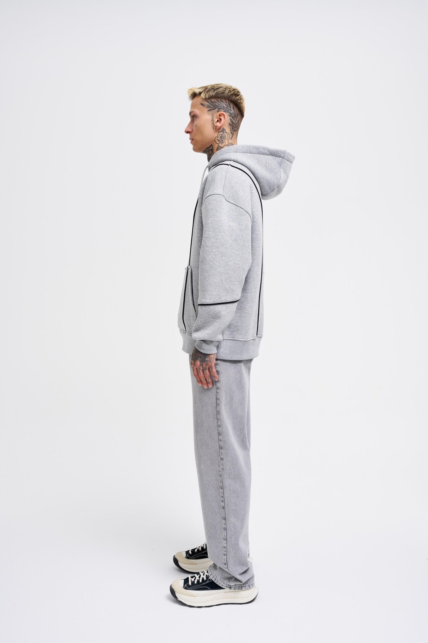 Erkek Printed and Piped Hoodie Gri Melanj
