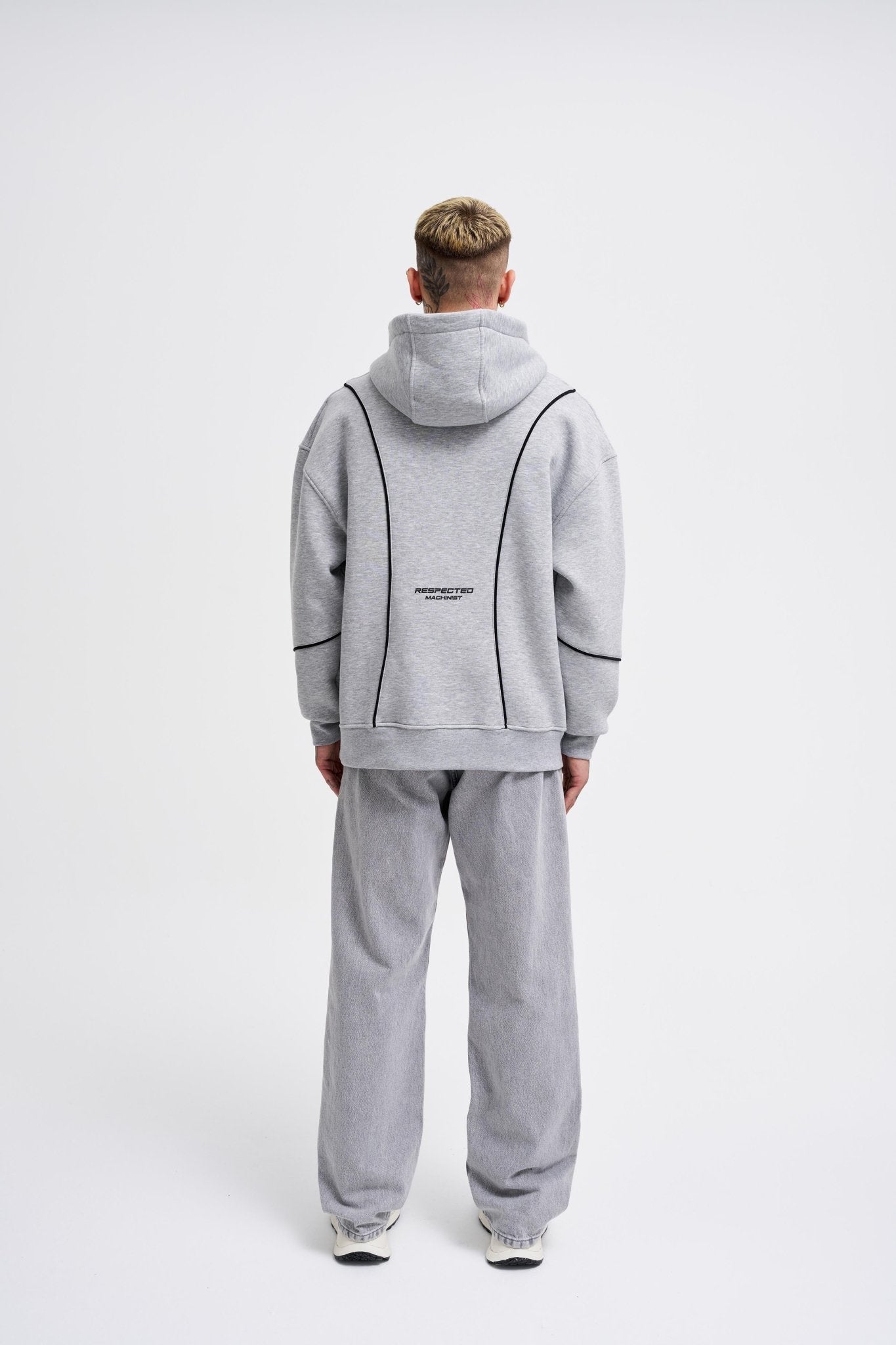 Erkek Printed and Piped Hoodie Gri Melanj