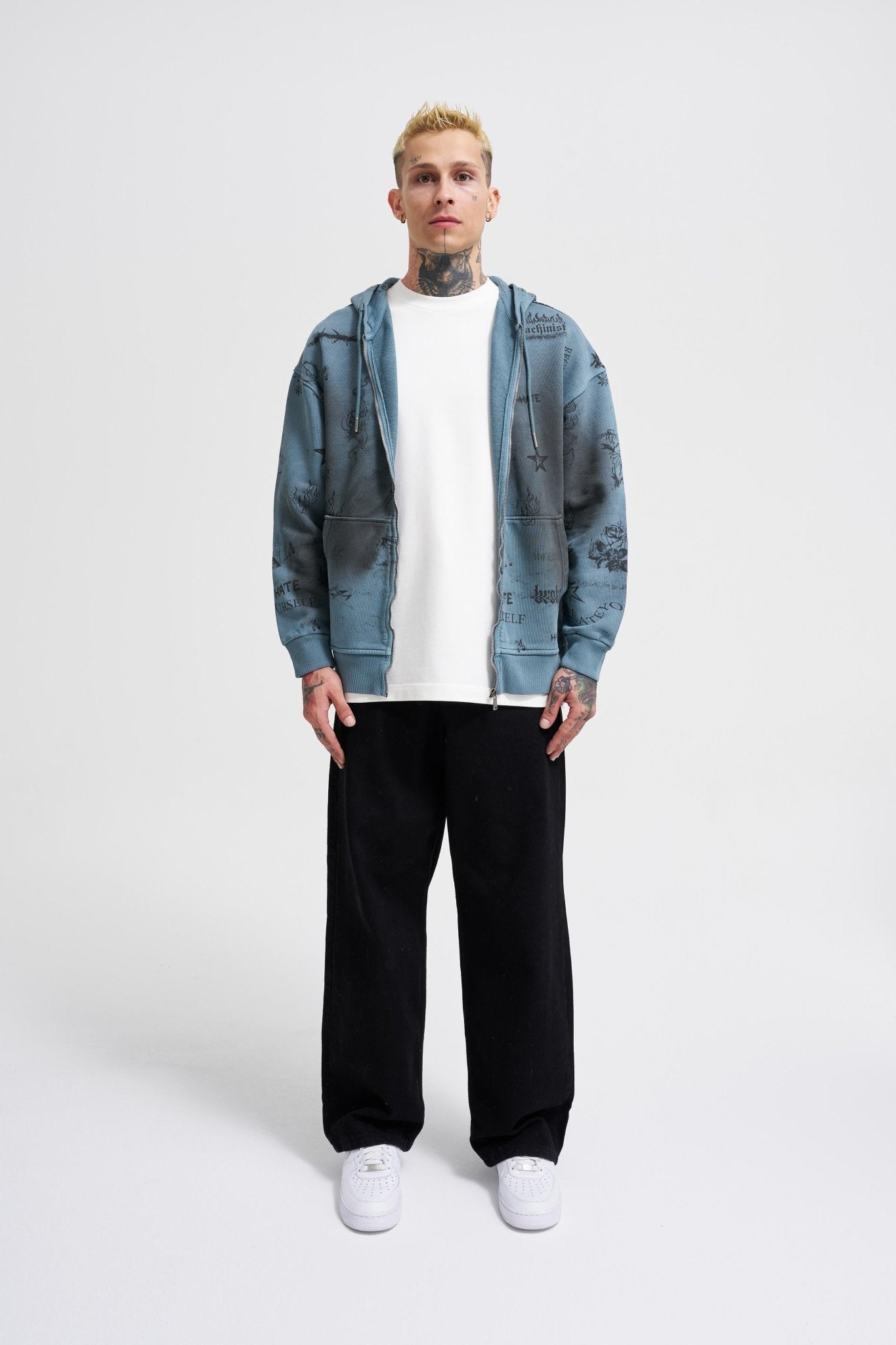 Erkek Printed and Washing Fermuarlı Kapüşonlu Sweatshirt Gri