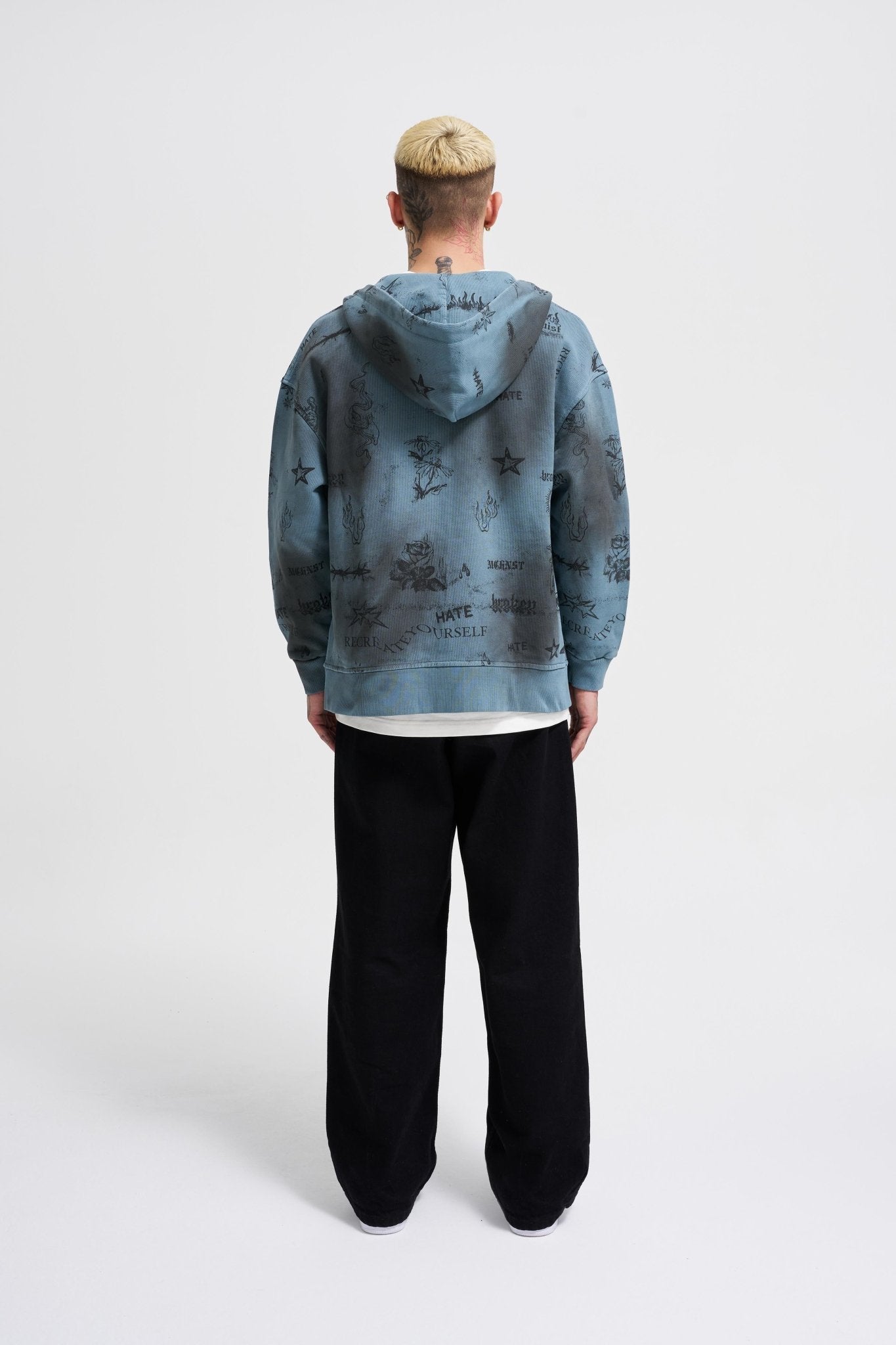 Erkek Printed and Washing Fermuarlı Kapüşonlu Sweatshirt Gri