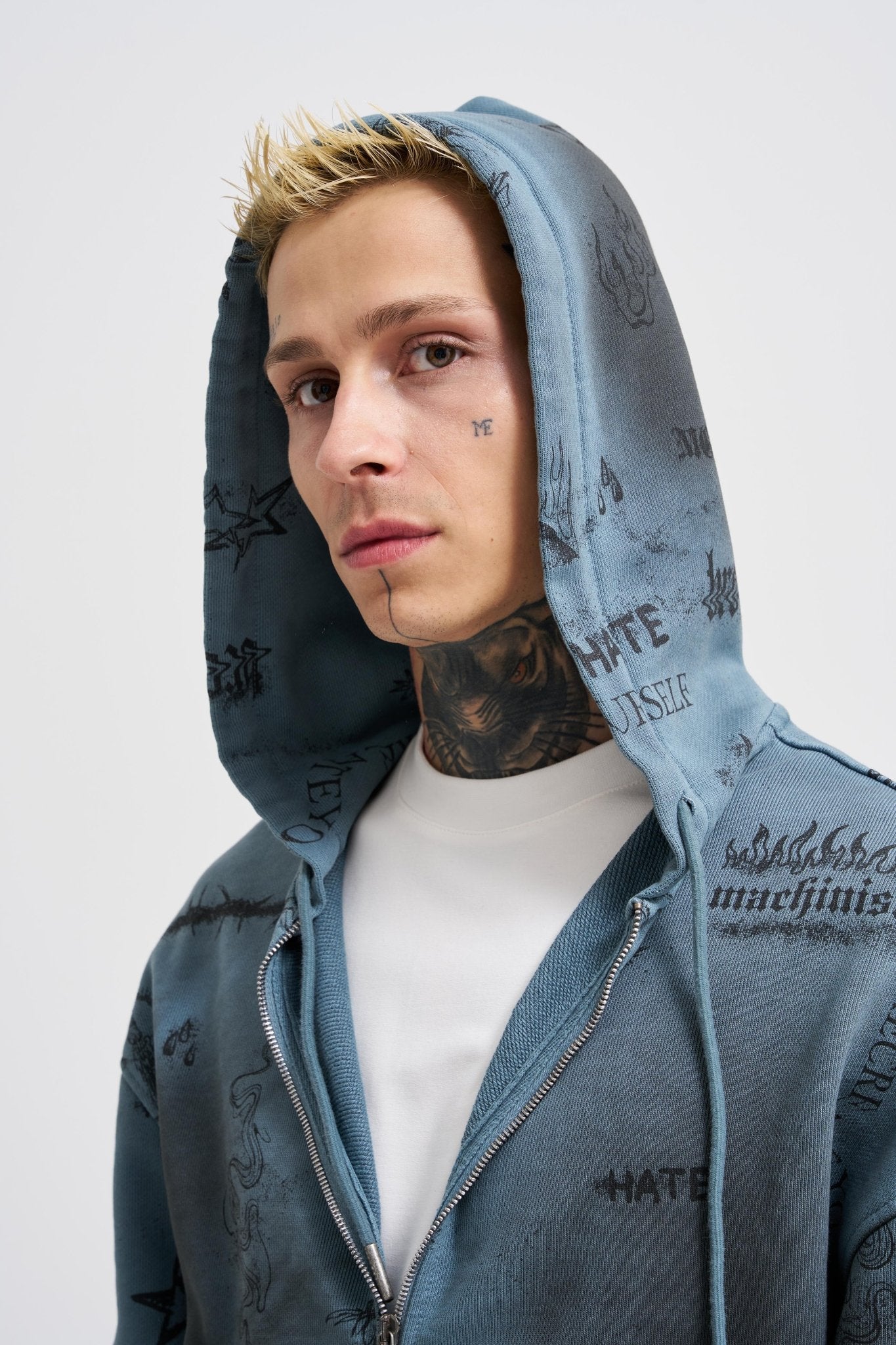 Erkek Printed and Washing Fermuarlı Kapüşonlu Sweatshirt Gri