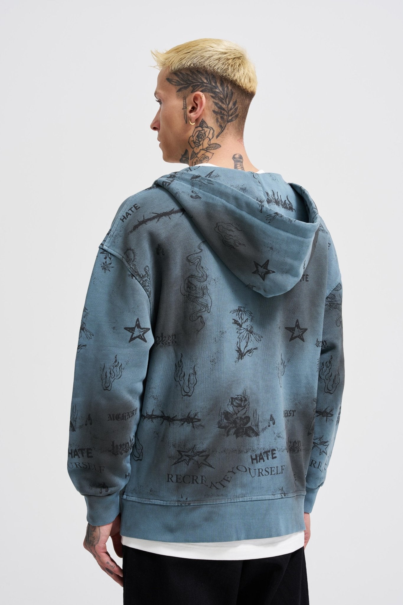 Erkek Printed and Washing Fermuarlı Kapüşonlu Sweatshirt Gri