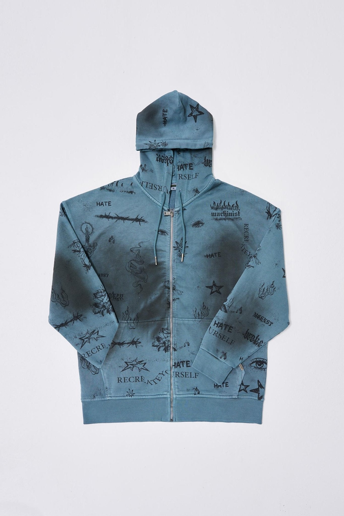 Erkek Printed and Washing Fermuarlı Kapüşonlu Sweatshirt Gri