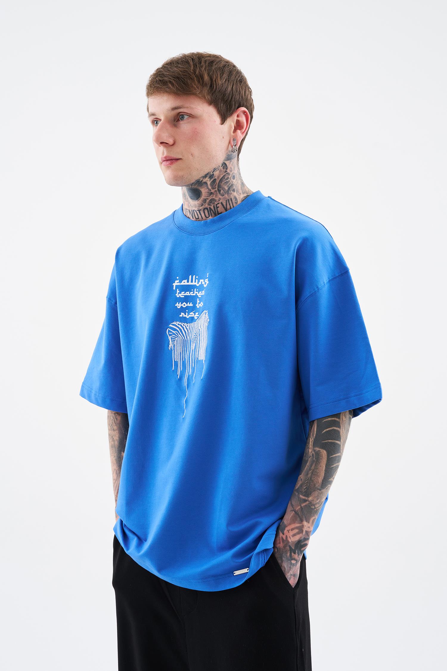 Erkek Printed and Zebra Oversize Tişört Açık Mavi