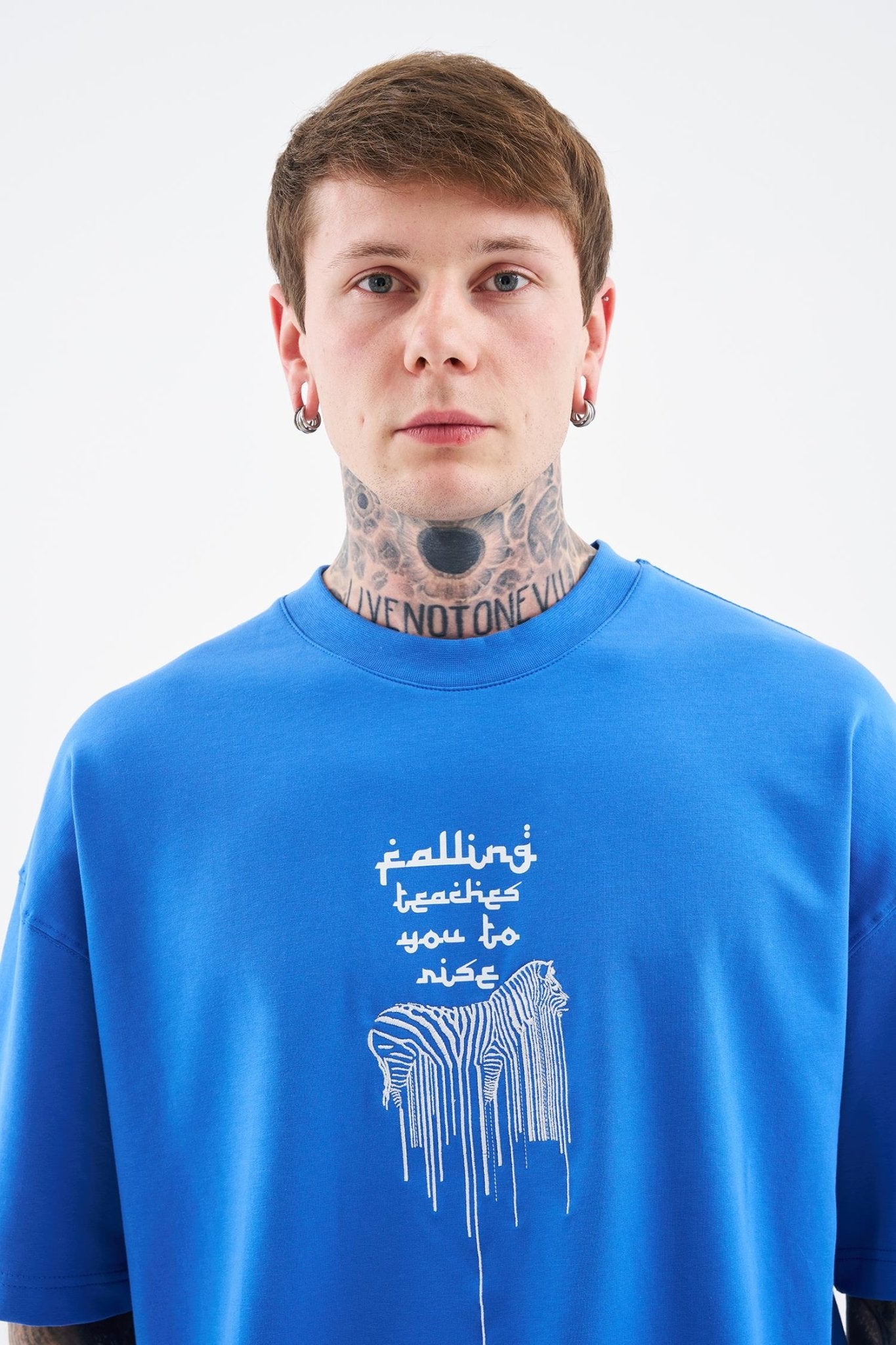 Erkek Printed and Zebra Oversize Tişört Açık Mavi