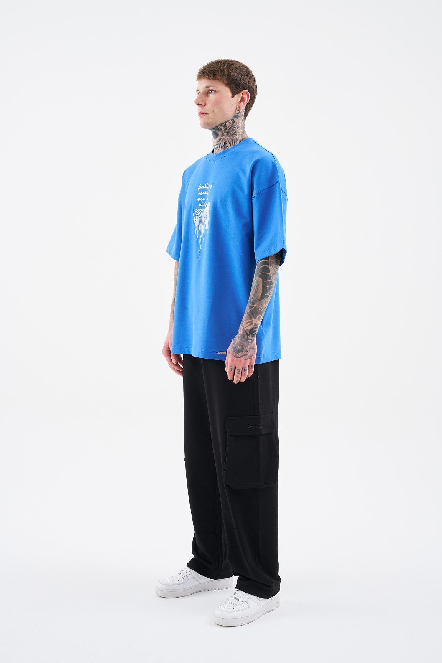 Erkek Printed and Zebra Oversize Tişört Açık Mavi