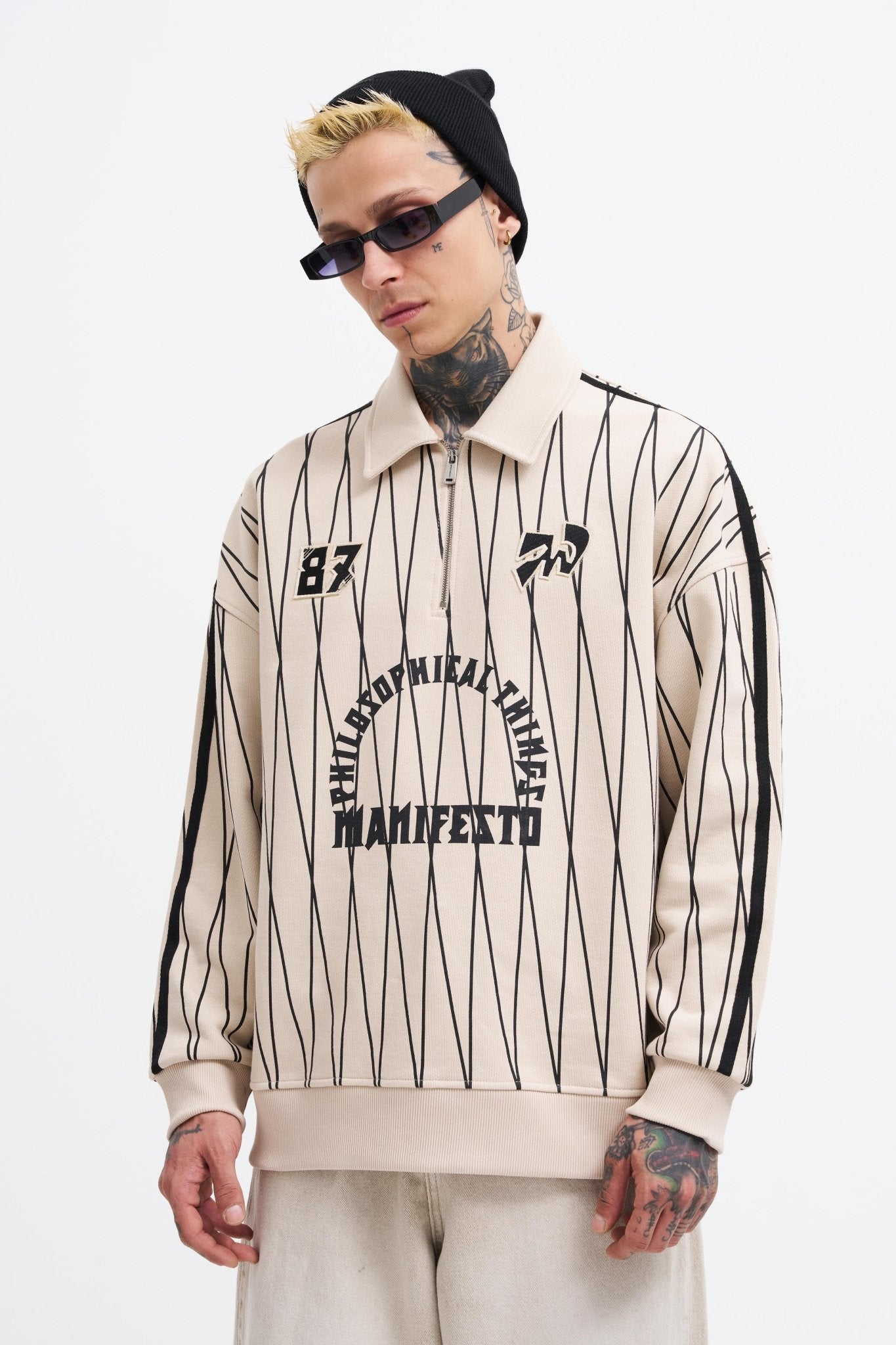 Erkek Printed And Zip Polo Sweatshirt Açık Bej
