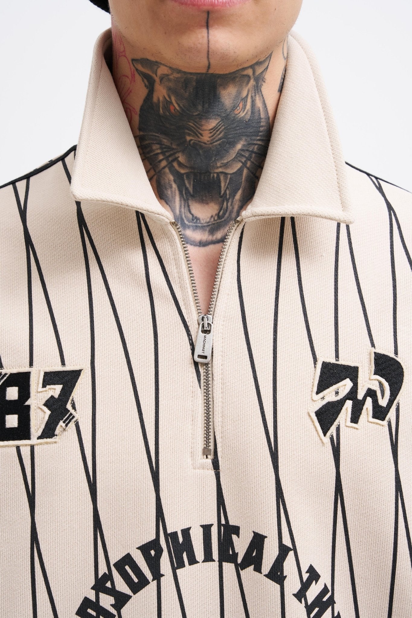 Erkek Printed And Zip Polo Sweatshirt Açık Bej