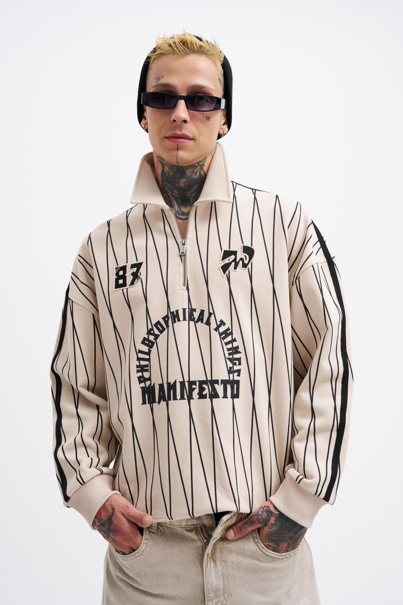 Erkek Printed And Zip Polo Sweatshirt Açık Bej