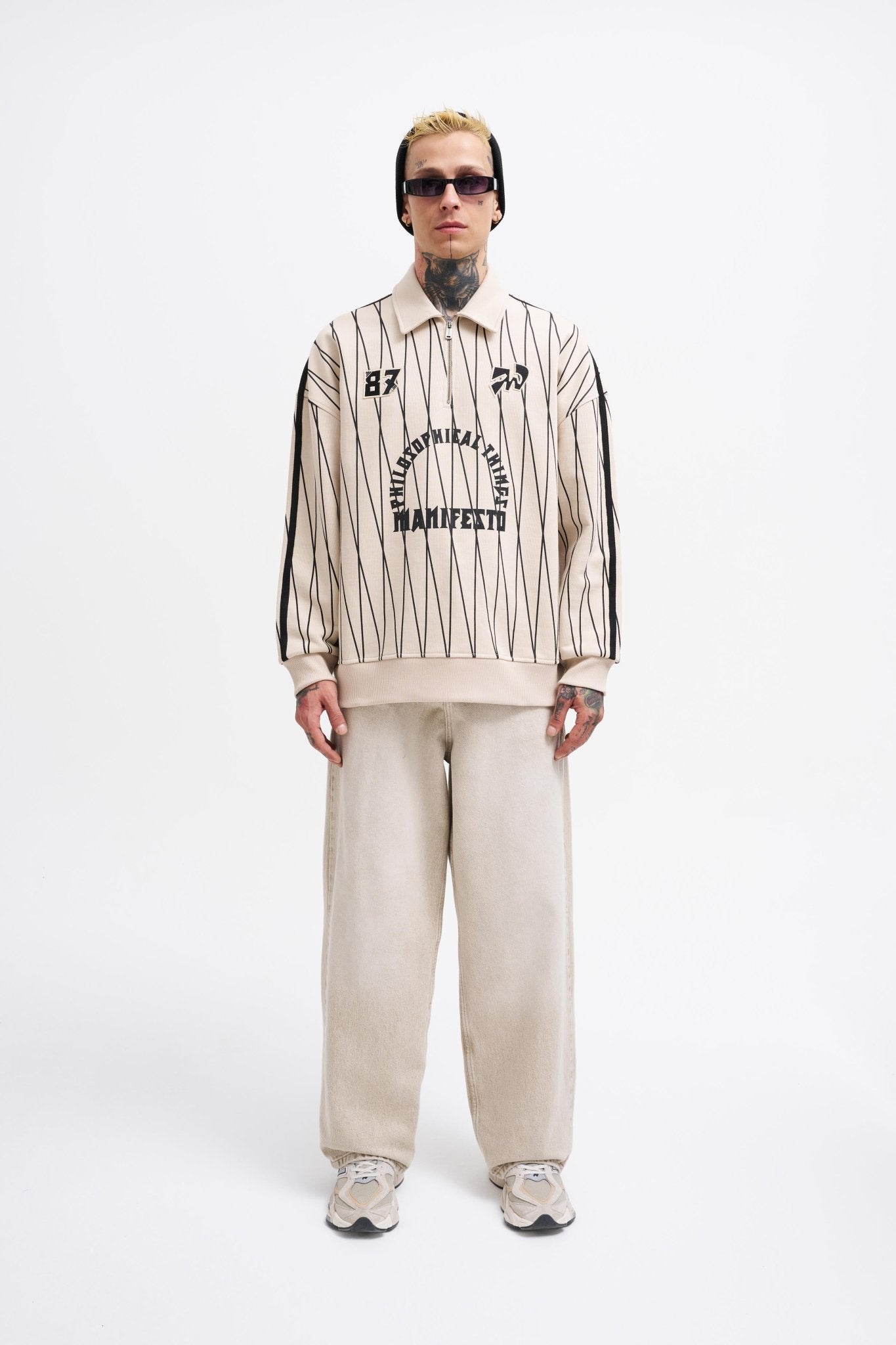 Erkek Printed And Zip Polo Sweatshirt Açık Bej