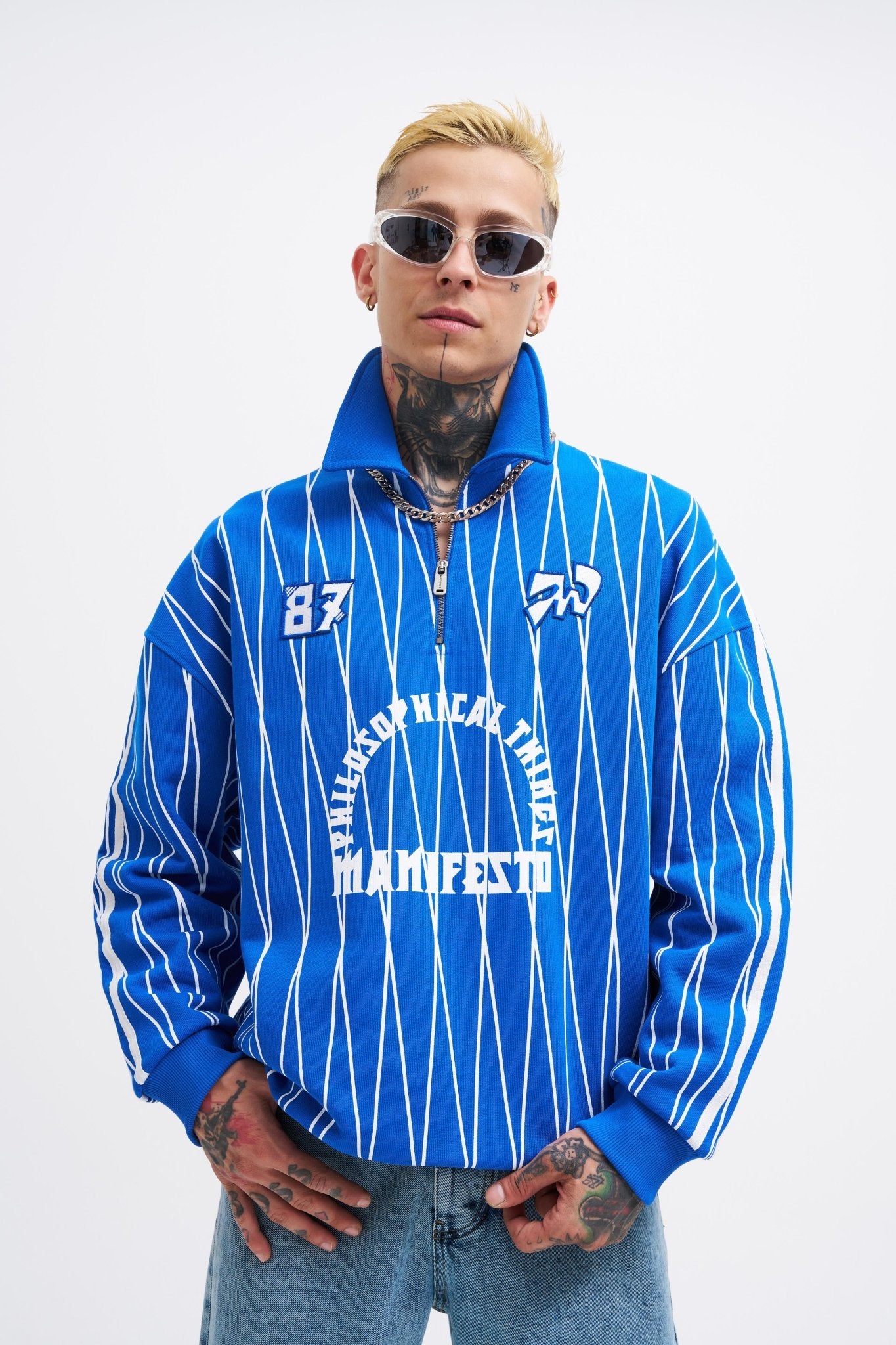 Erkek Printed And Zip Polo Sweatshirt Açık Mavi