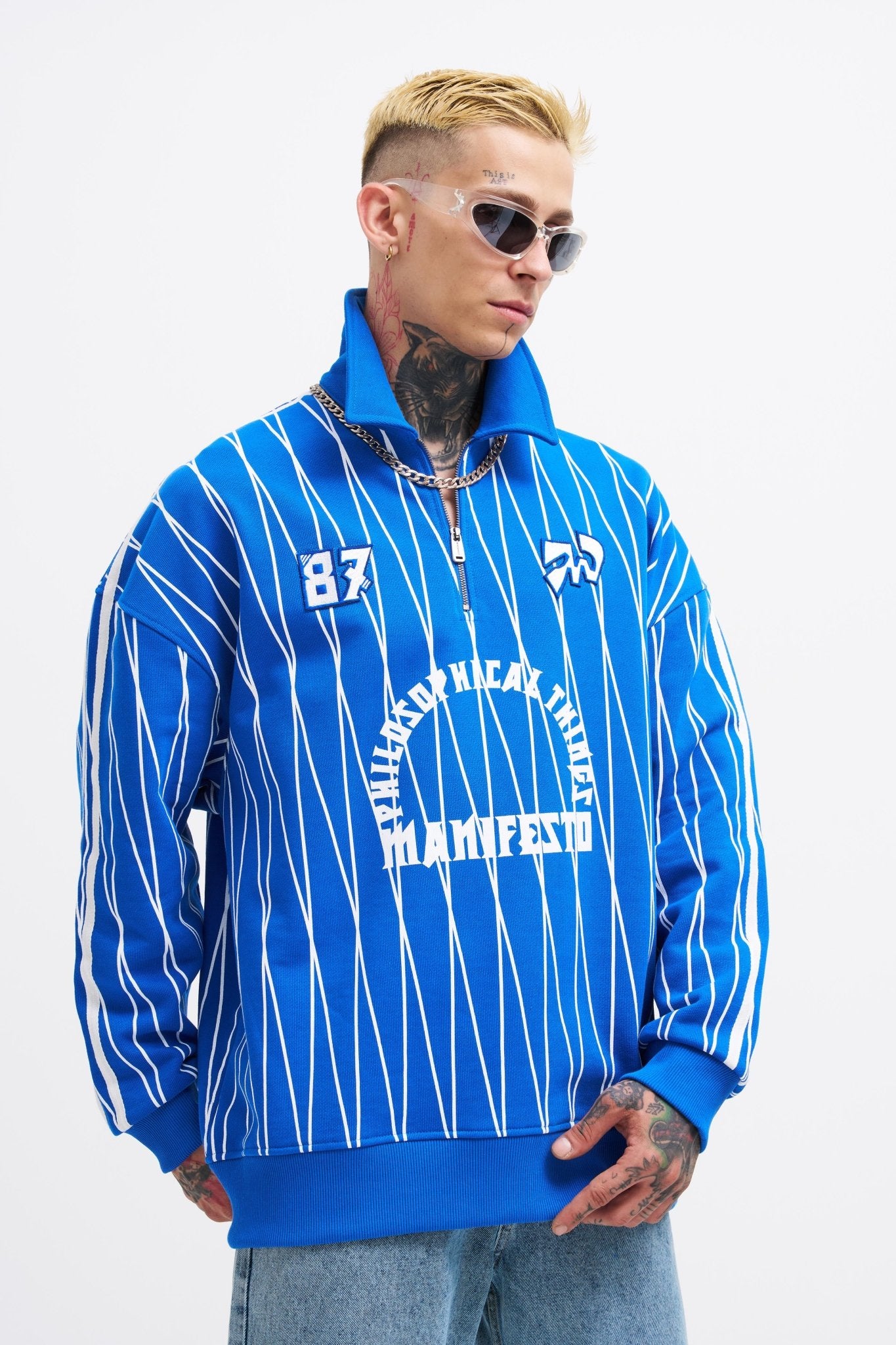 Erkek Printed And Zip Polo Sweatshirt Açık Mavi
