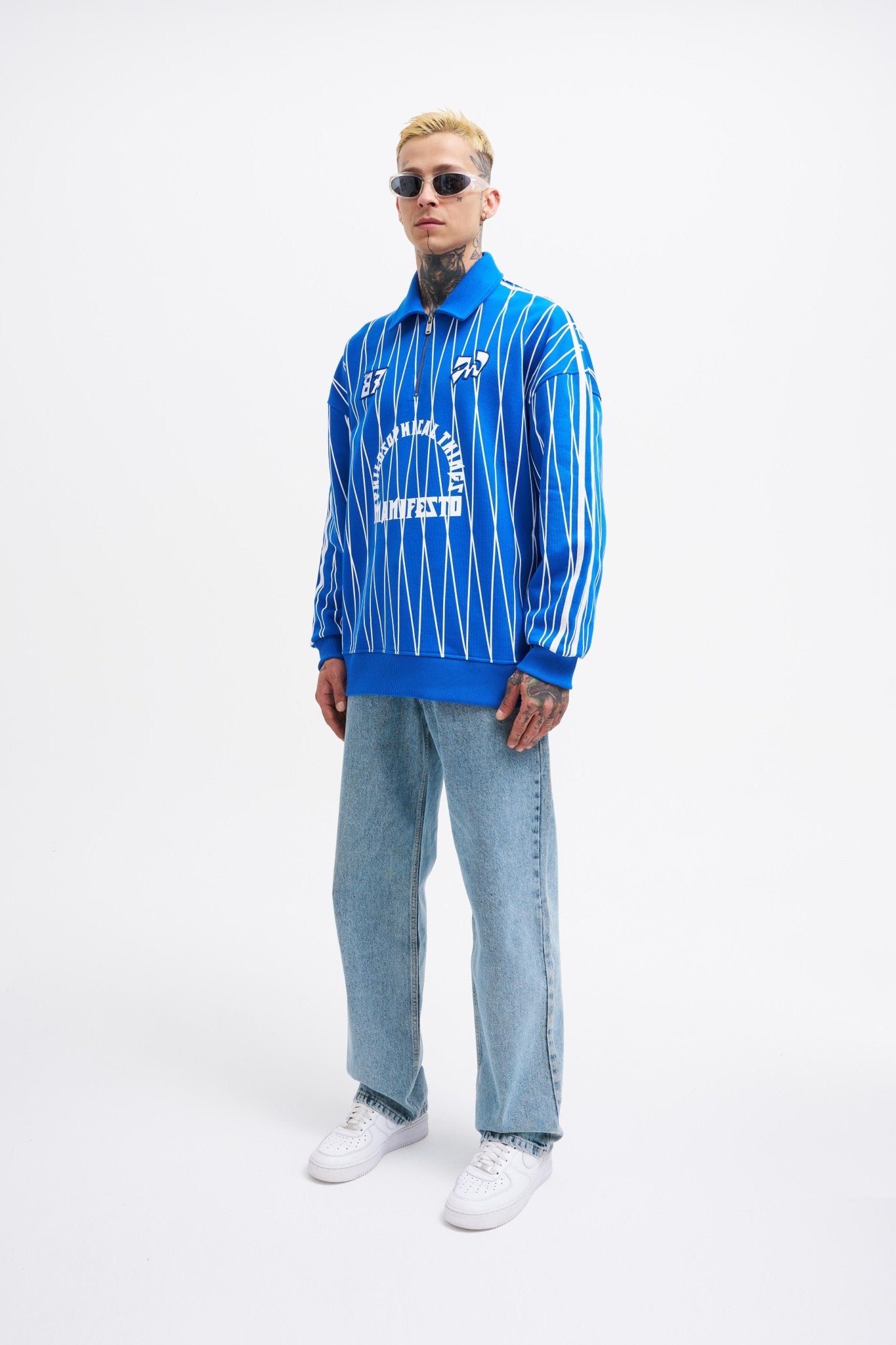 Erkek Printed And Zip Polo Sweatshirt Açık Mavi