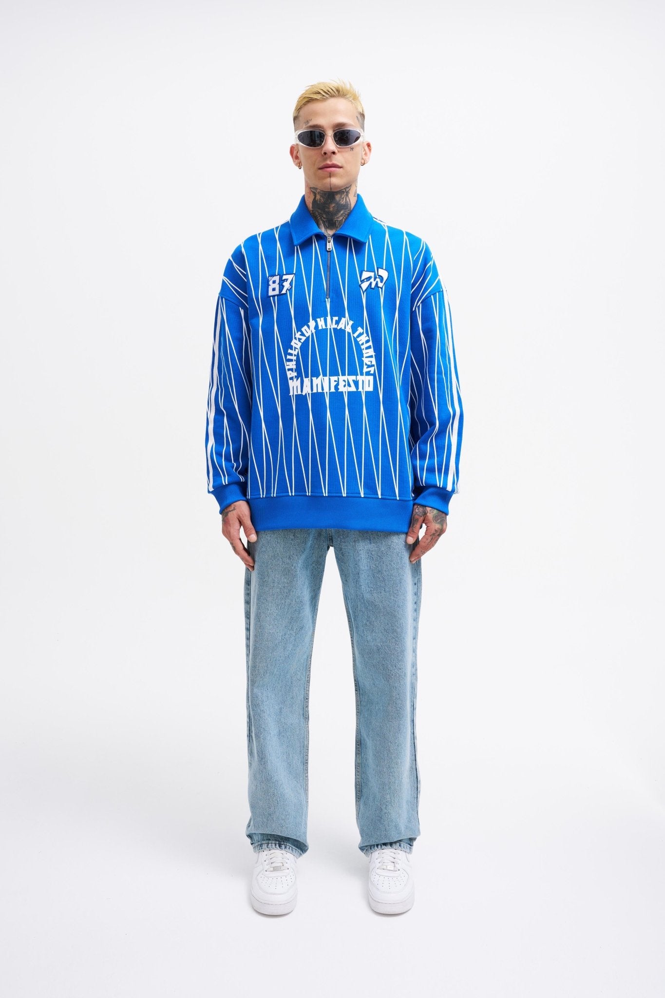 Erkek Printed And Zip Polo Sweatshirt Açık Mavi