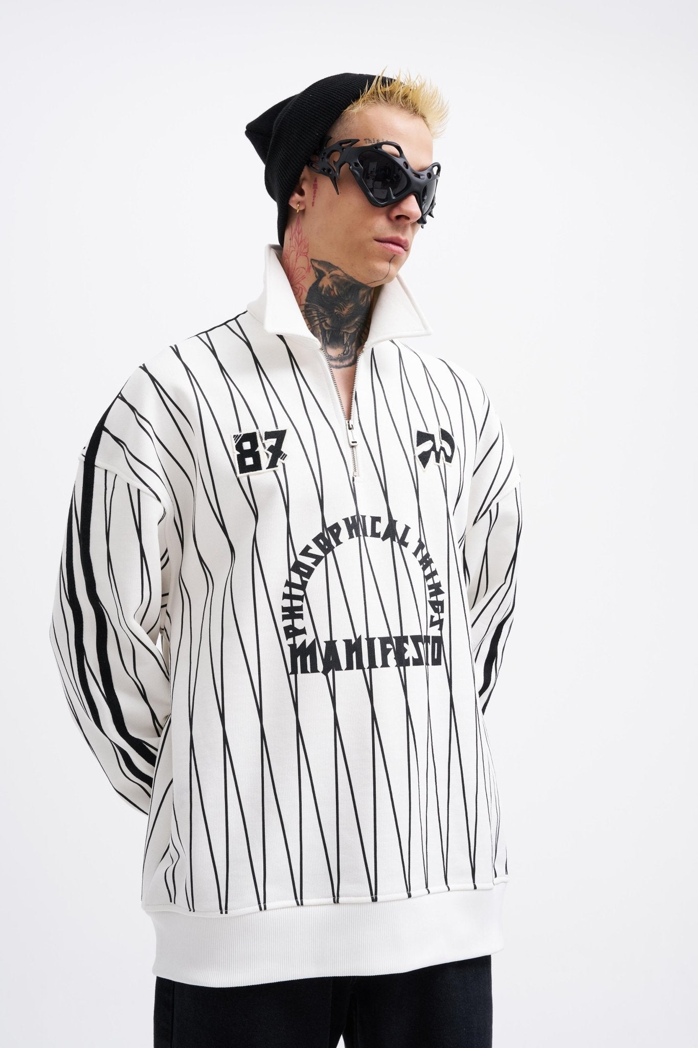 Erkek Printed And Zip Polo Sweatshirt Ekru