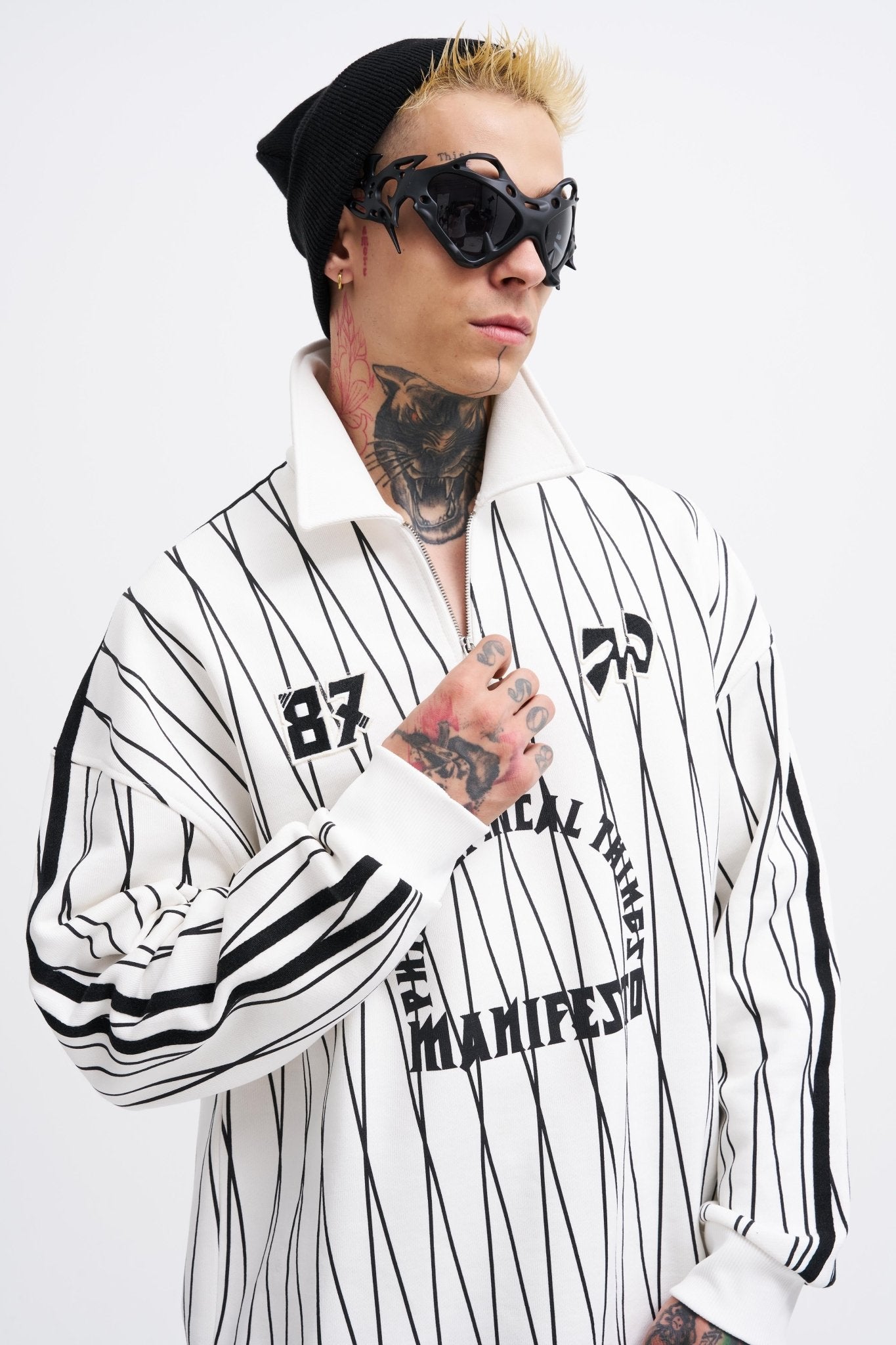Erkek Printed And Zip Polo Sweatshirt Ekru