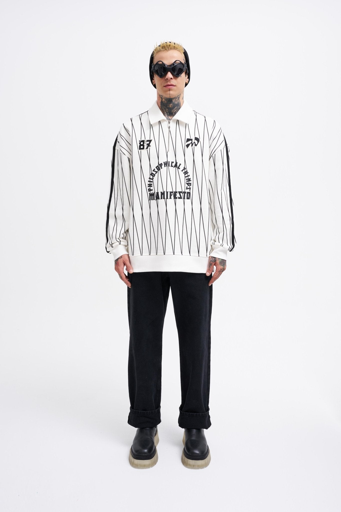 Erkek Printed And Zip Polo Sweatshirt Ekru