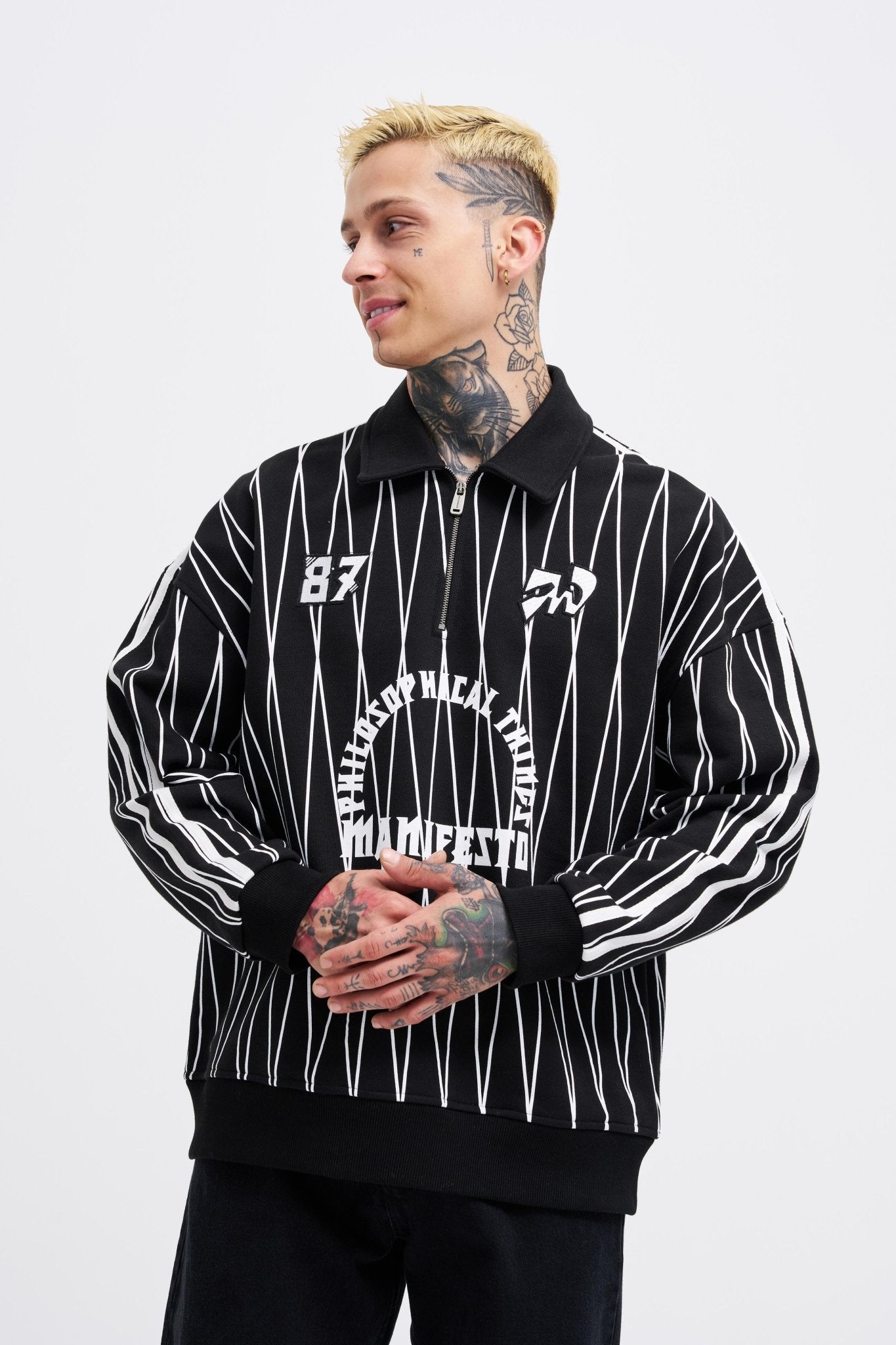 Erkek Printed And Zip Polo Sweatshirt Siyah