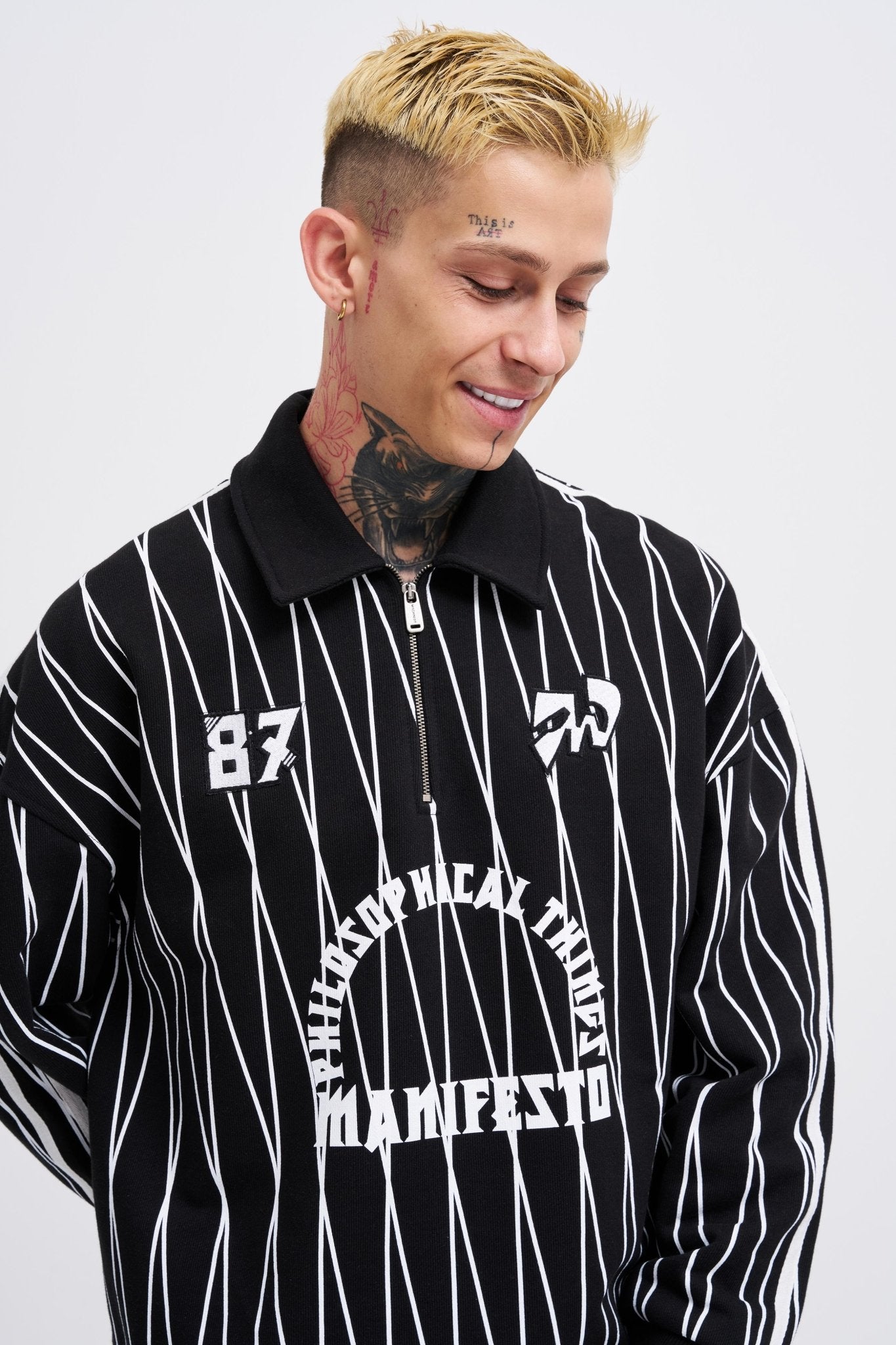Erkek Printed And Zip Polo Sweatshirt Siyah