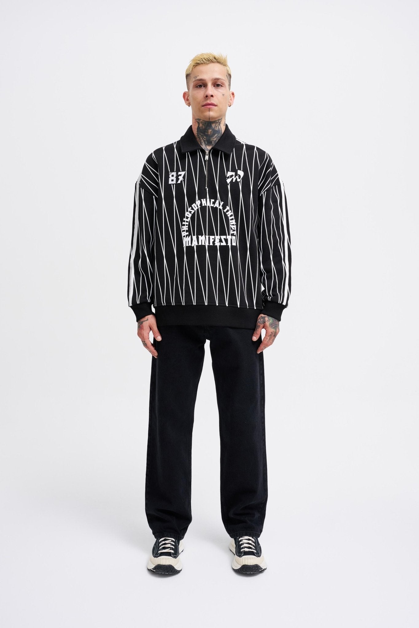 Erkek Printed And Zip Polo Sweatshirt Siyah