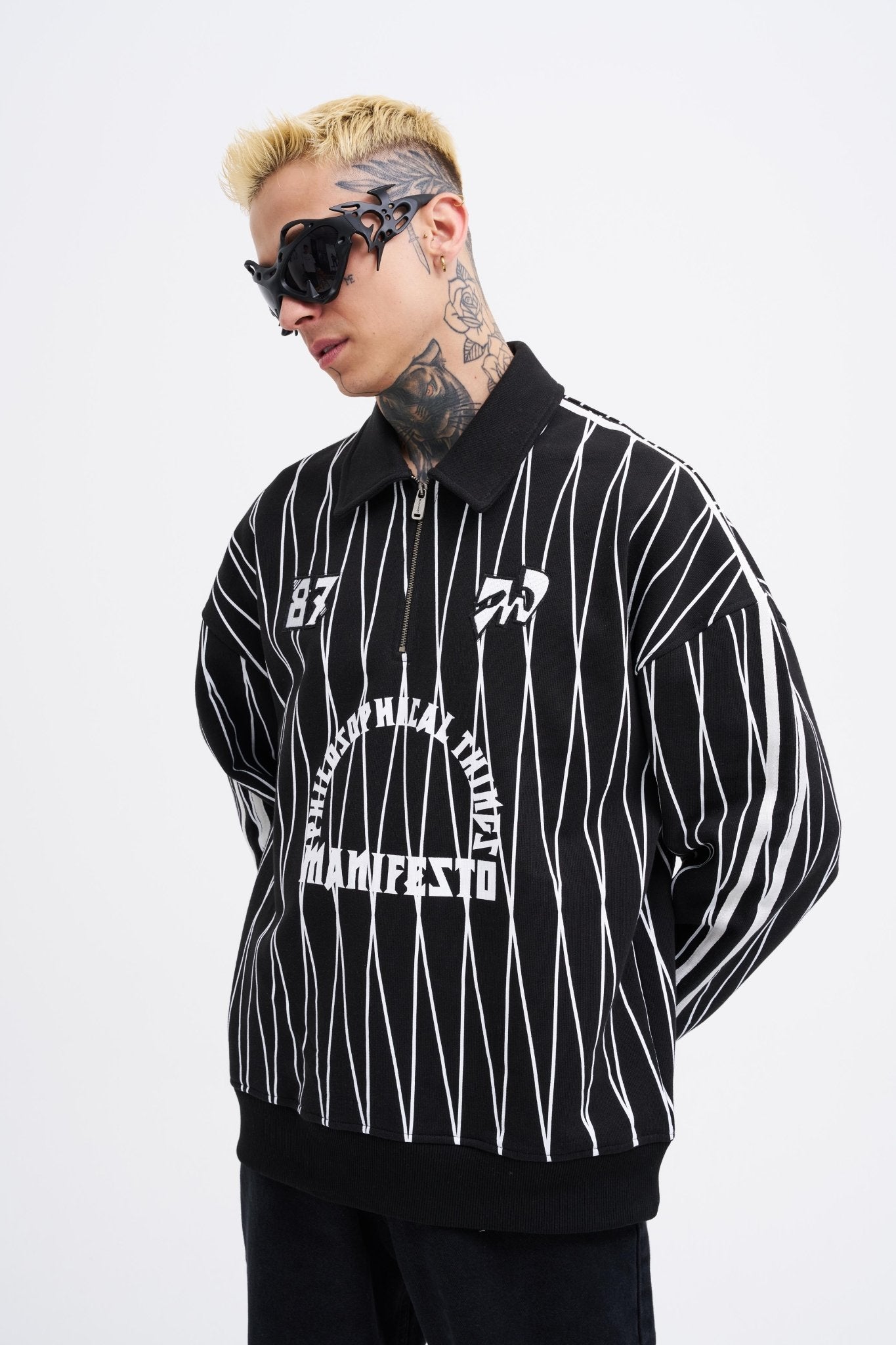 Erkek Printed And Zip Polo Sweatshirt Siyah