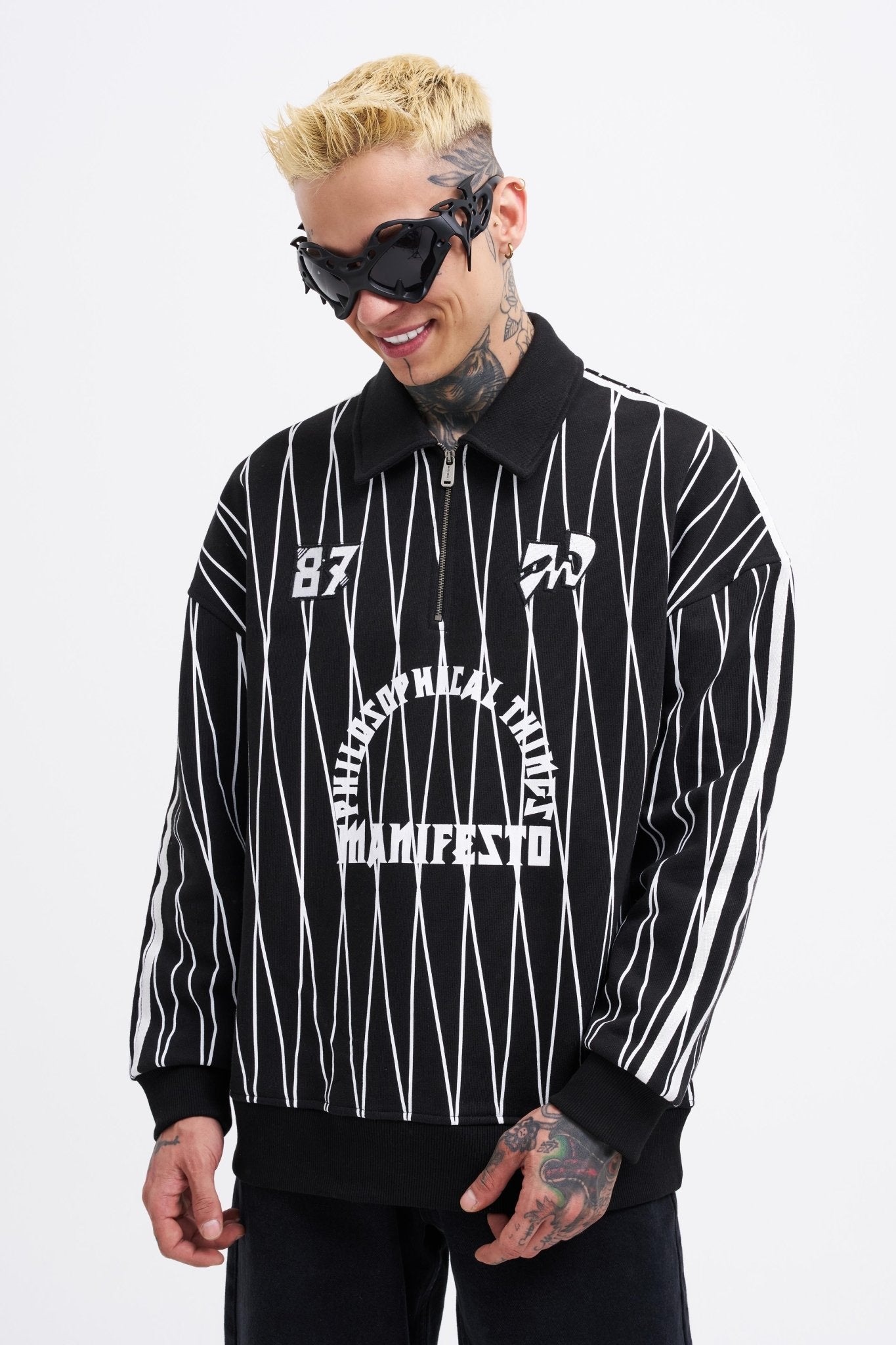 Erkek Printed And Zip Polo Sweatshirt Siyah