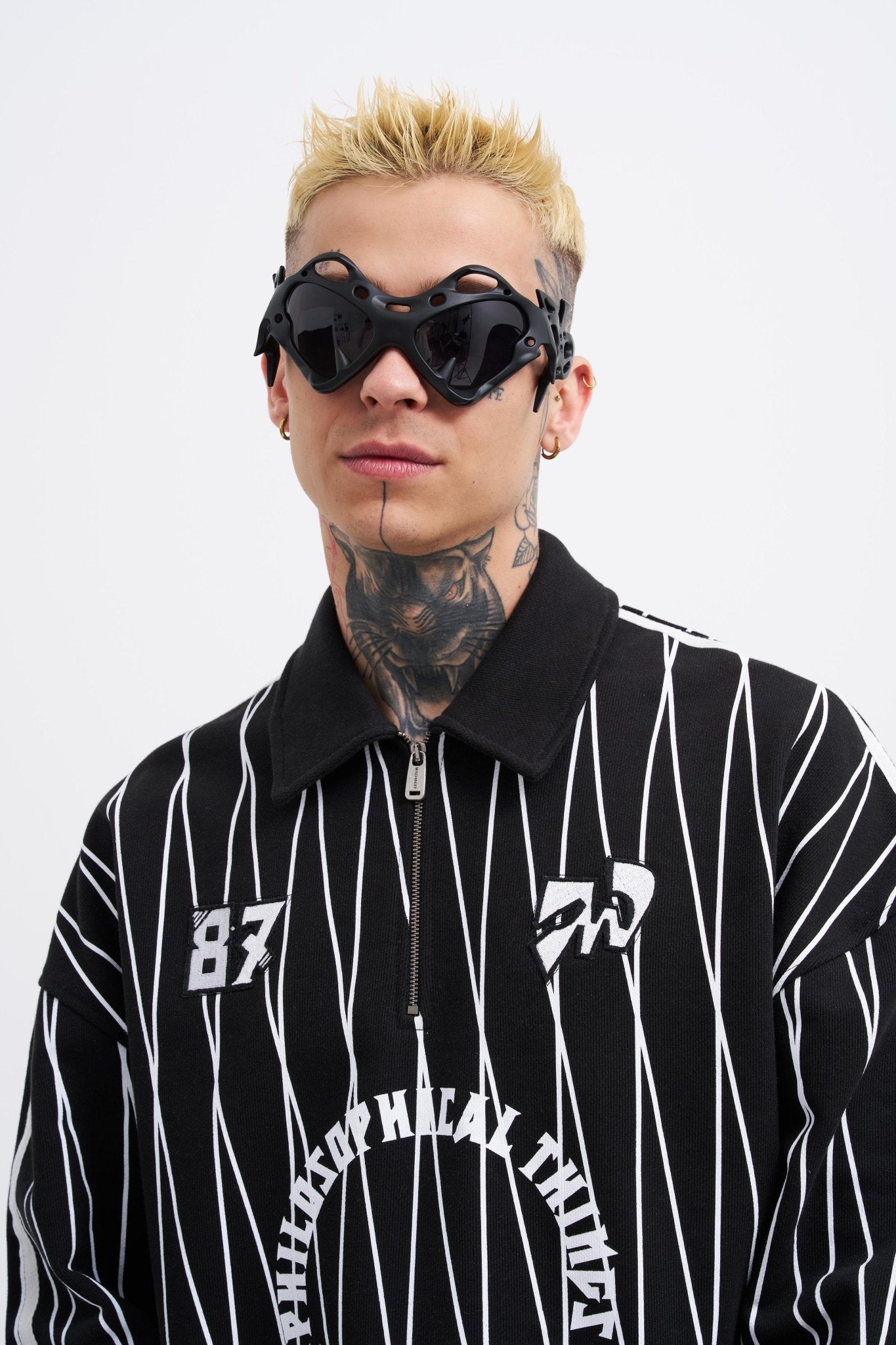 Erkek Printed And Zip Polo Sweatshirt Siyah