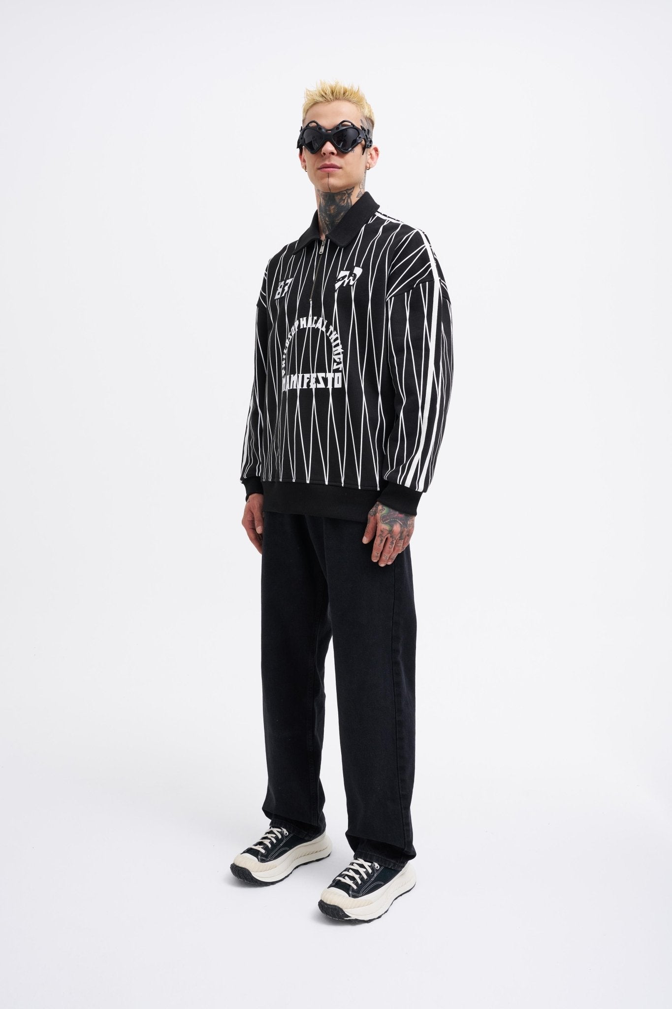 Erkek Printed And Zip Polo Sweatshirt Siyah